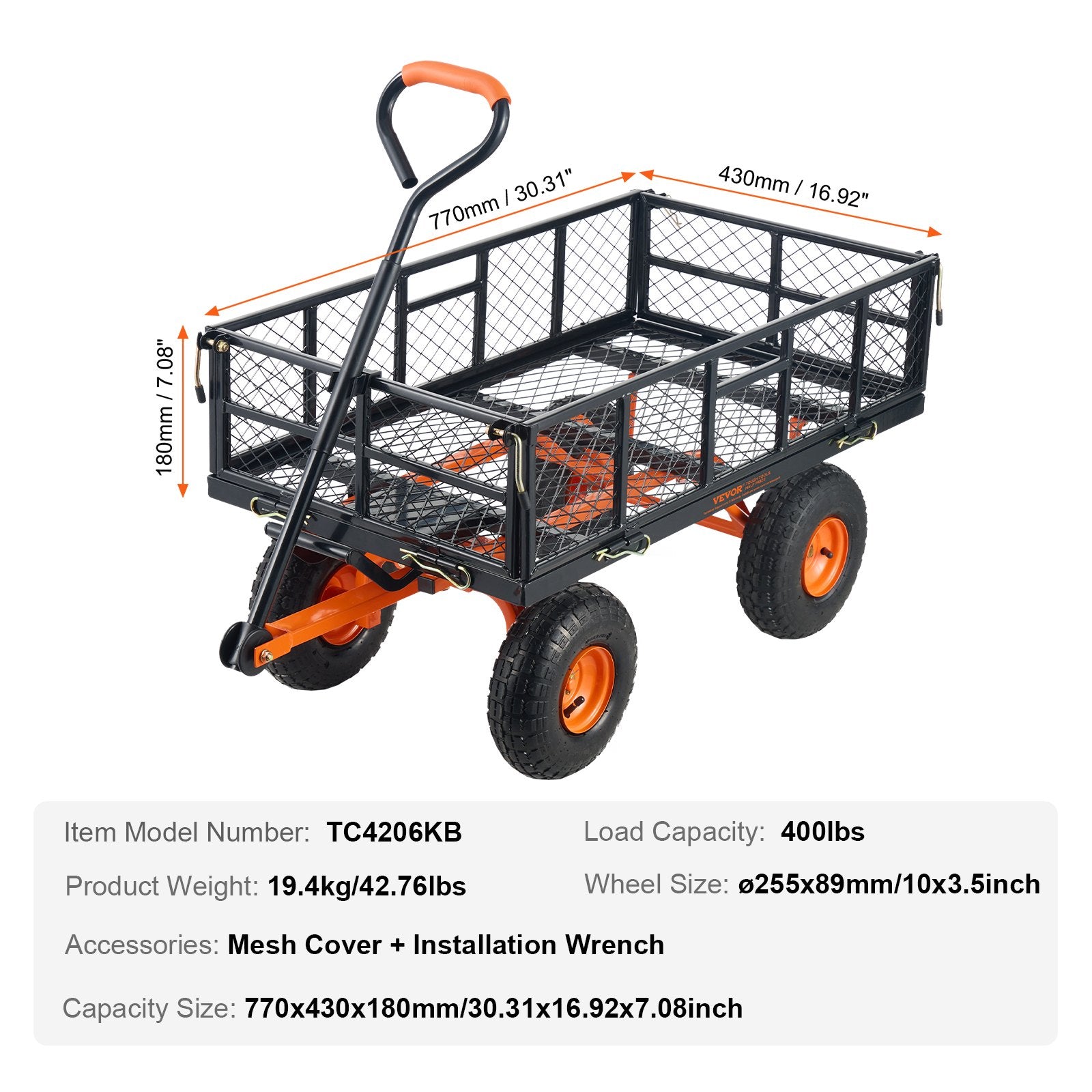 Sodo vežimėlis-savivartis VEVOR TC4206KB, 181 kg keliamoji galia