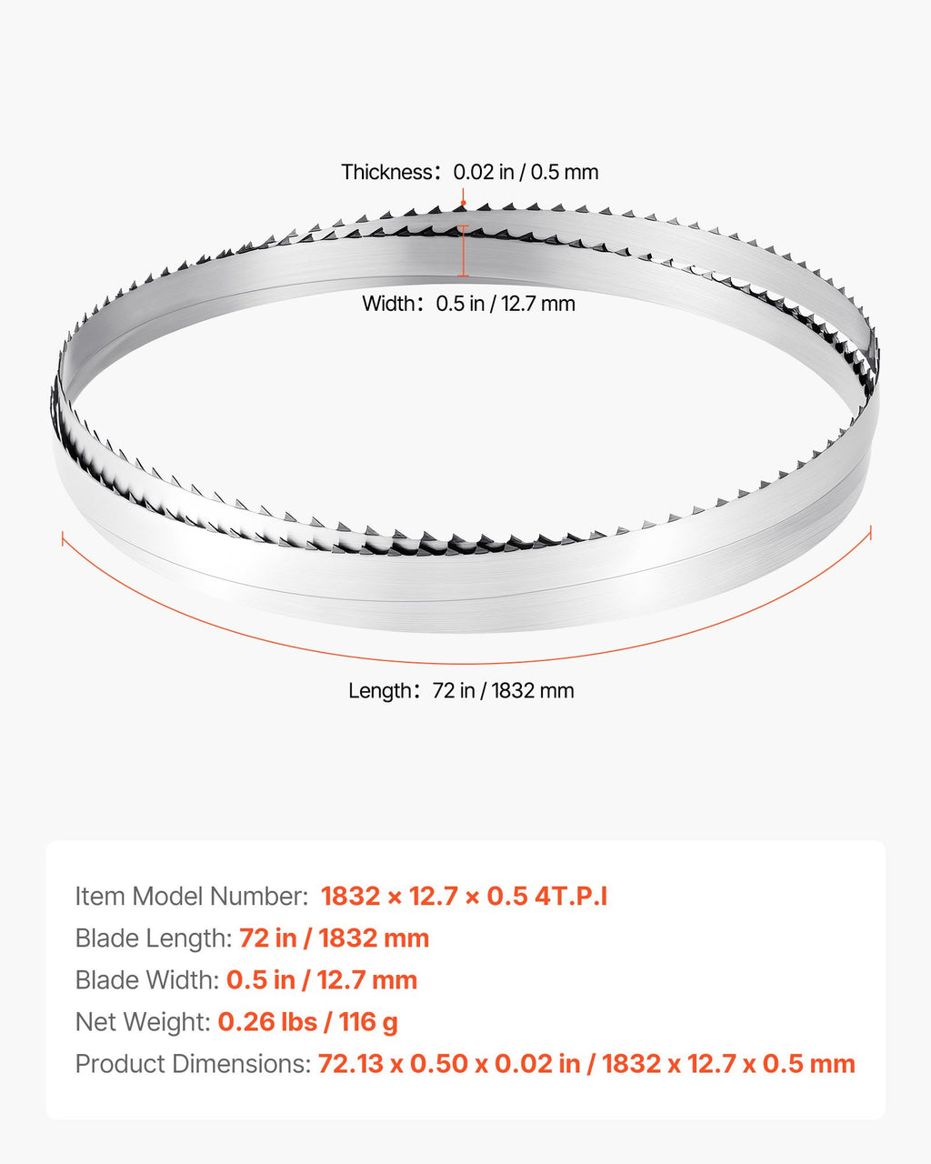 Juostinio pjūklo geležtė VEVOR 1832 mm, 4 TPI