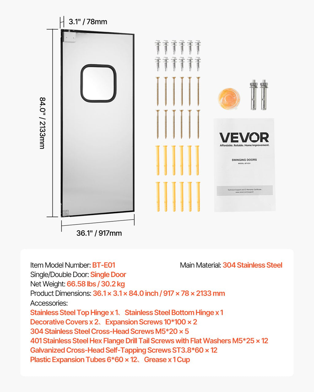 Švytuojančios durys VEVOR BT-E01, 91,4 x 213,4 cm angai