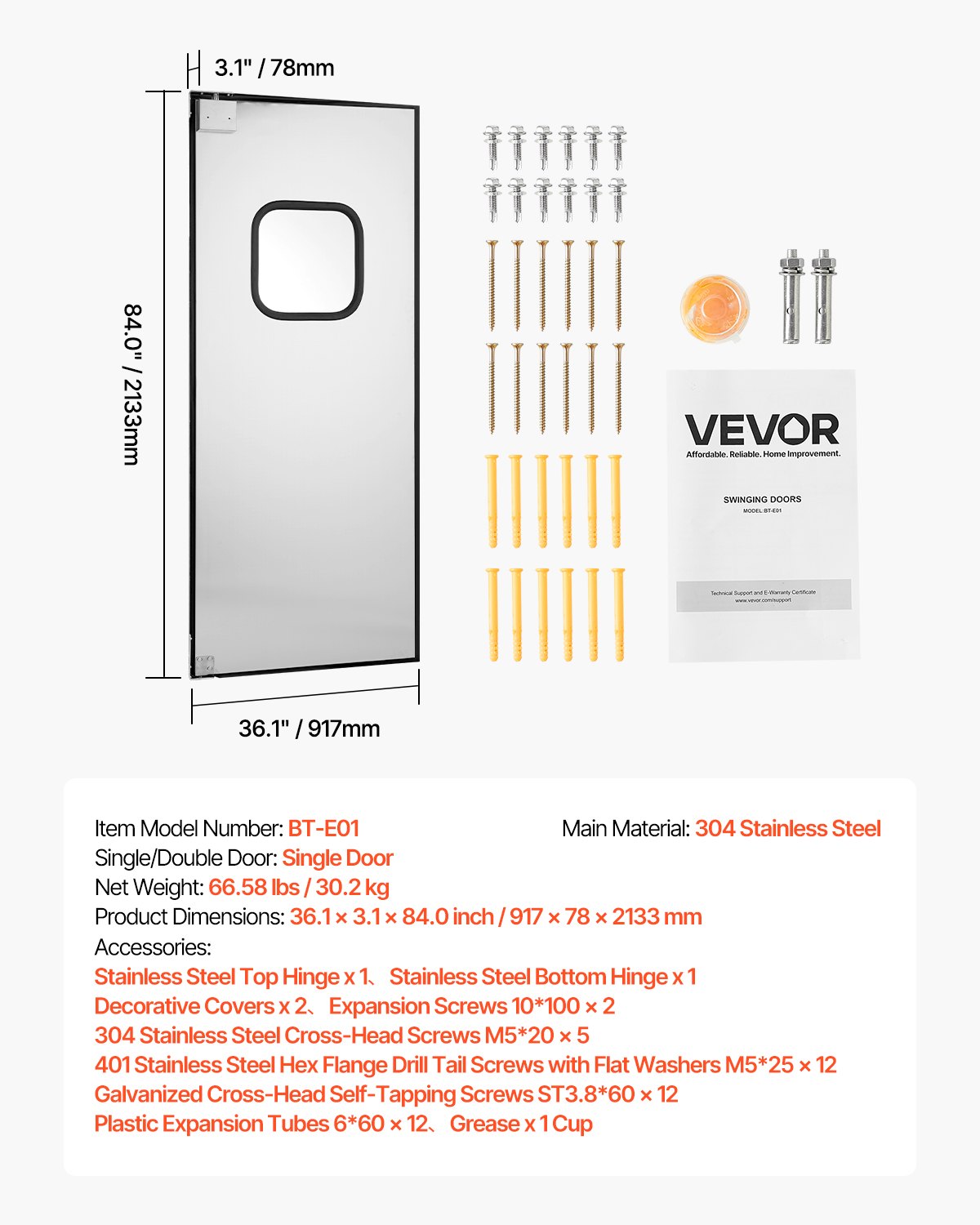 Švytuojančios durys VEVOR BT-E01, 91,4 x 213,4 cm angai