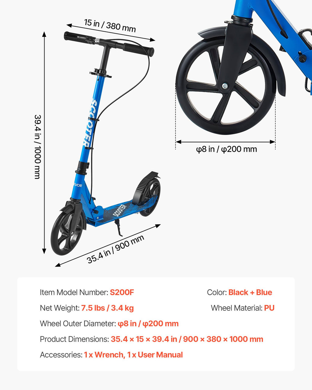 Paspirtukas VEVOR S200F, iki 100 kg