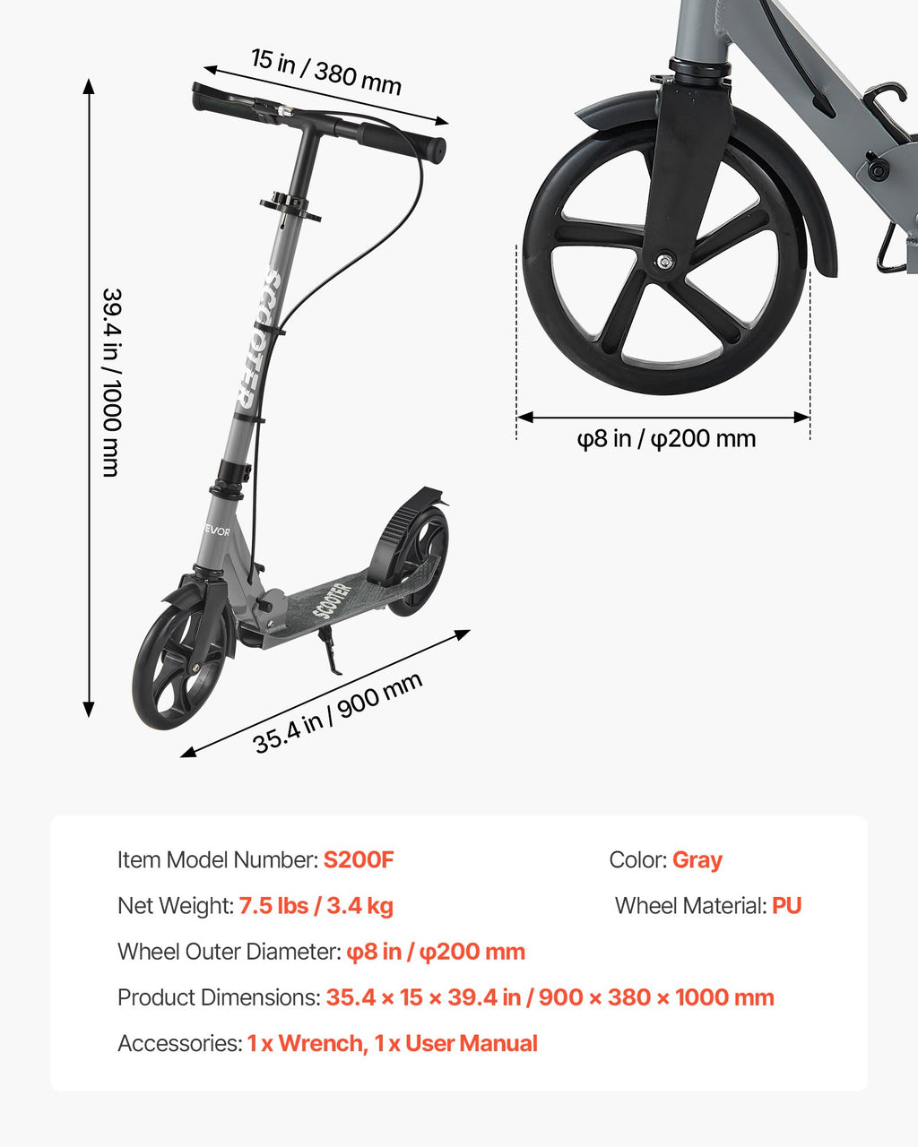 Paspirtukas VEVOR S200F, iki 99,8 kg apkrova