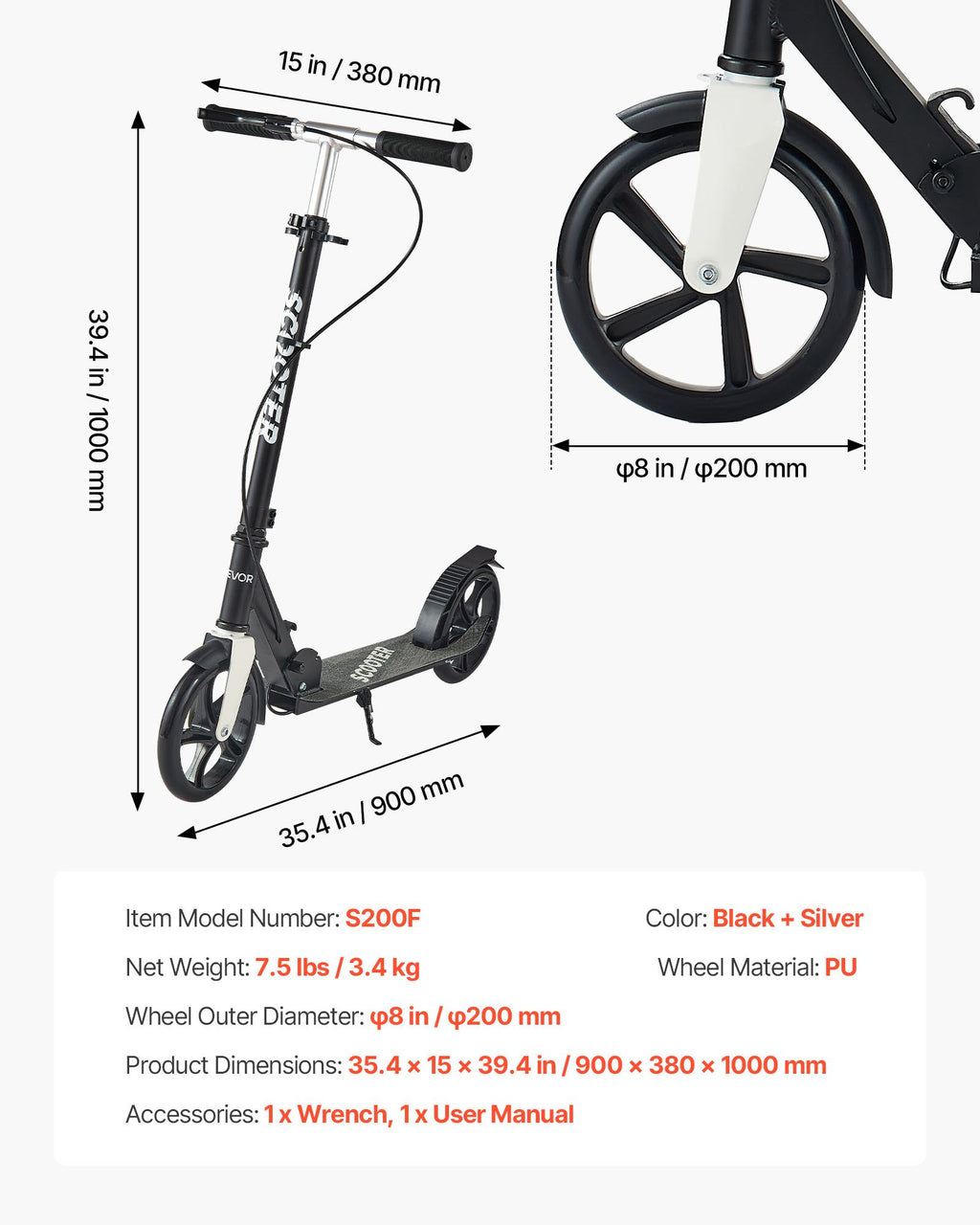 Paspirtukas VEVOR S200F, iki 99,8 kg apkrova