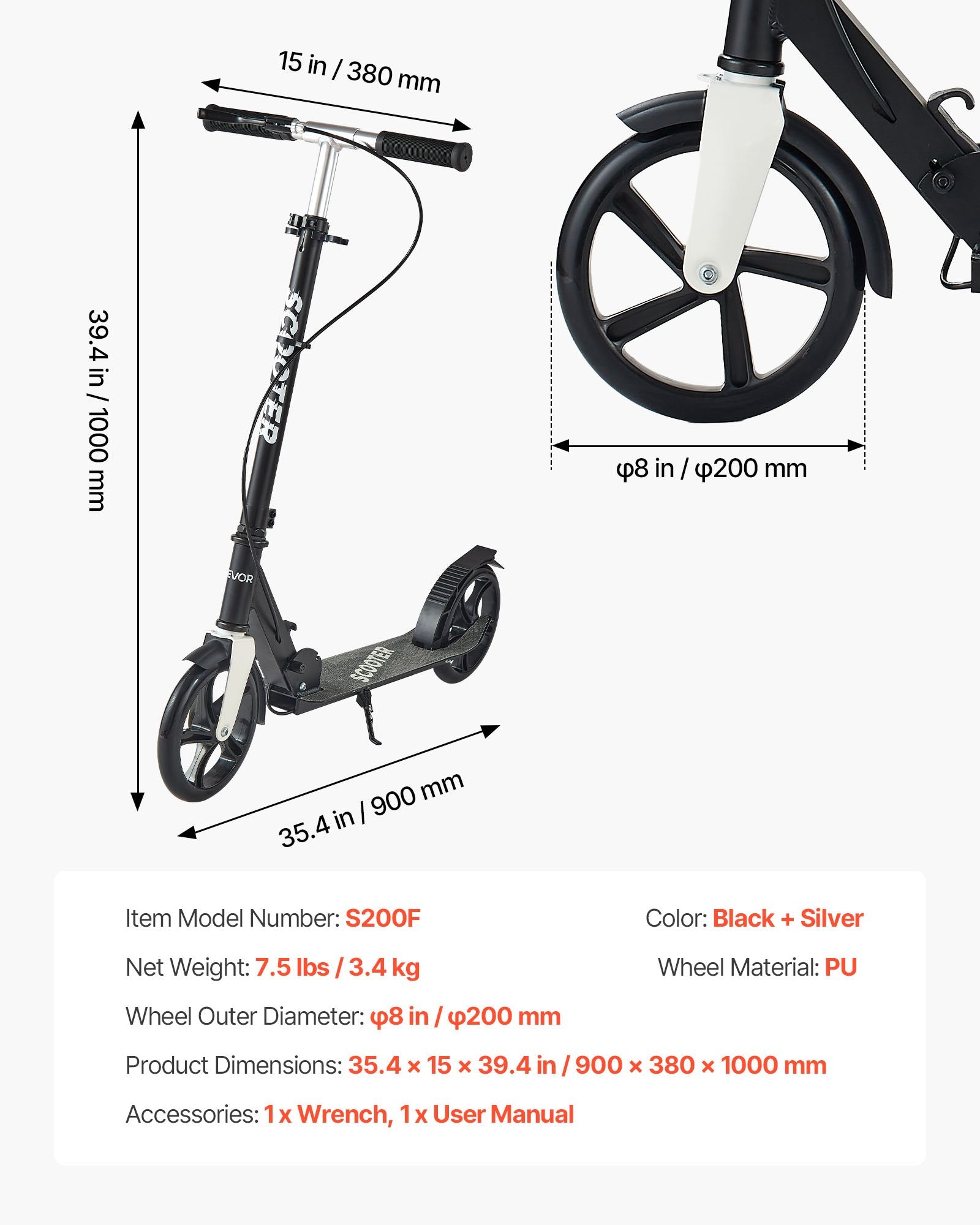 Paspirtukas VEVOR S200F, iki 99,8 kg apkrova