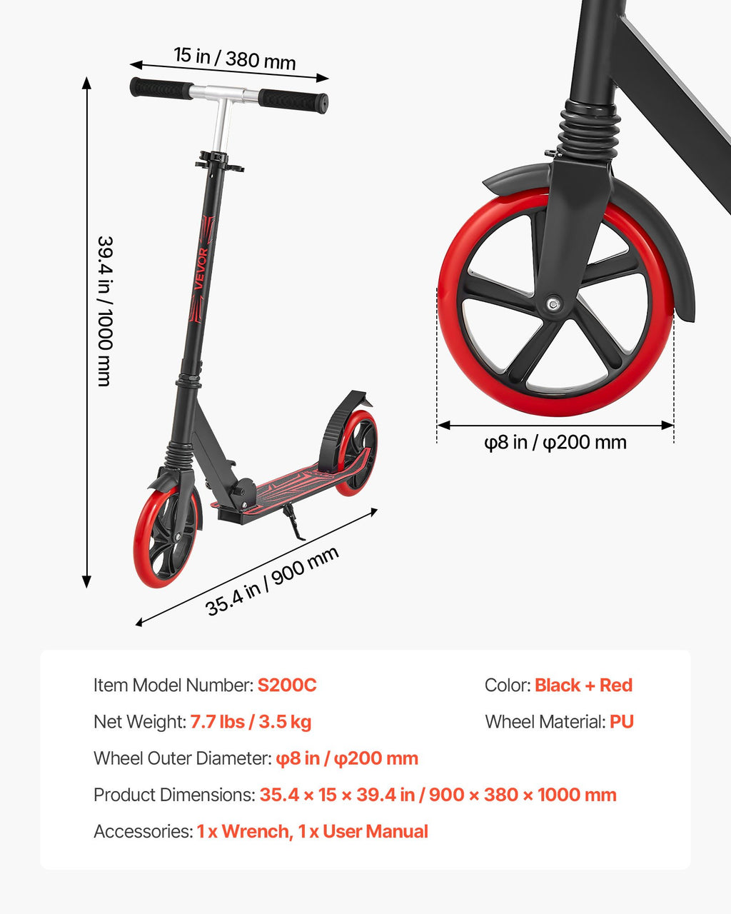 Paspirtukas VEVOR S200C, apkrova iki 99,8 kg