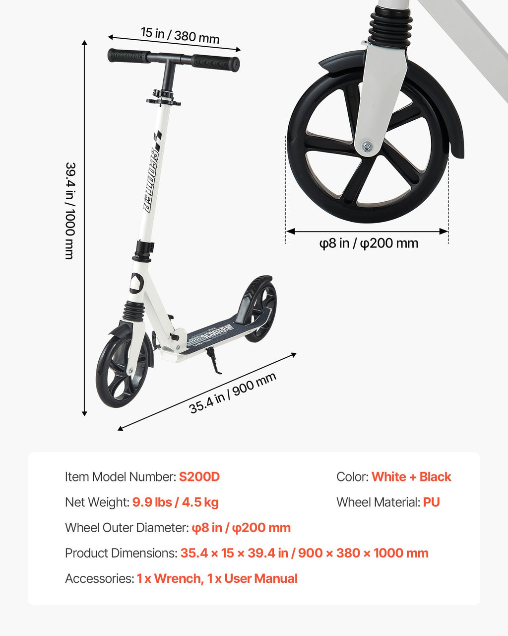 Paspirtukas VEVOR S200D, iki 99,8 kg apkrova