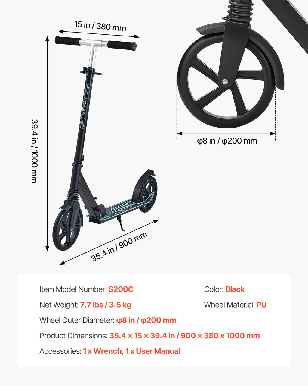 Paspirtukas VEVOR S200C, apkrova iki 99,8 kg