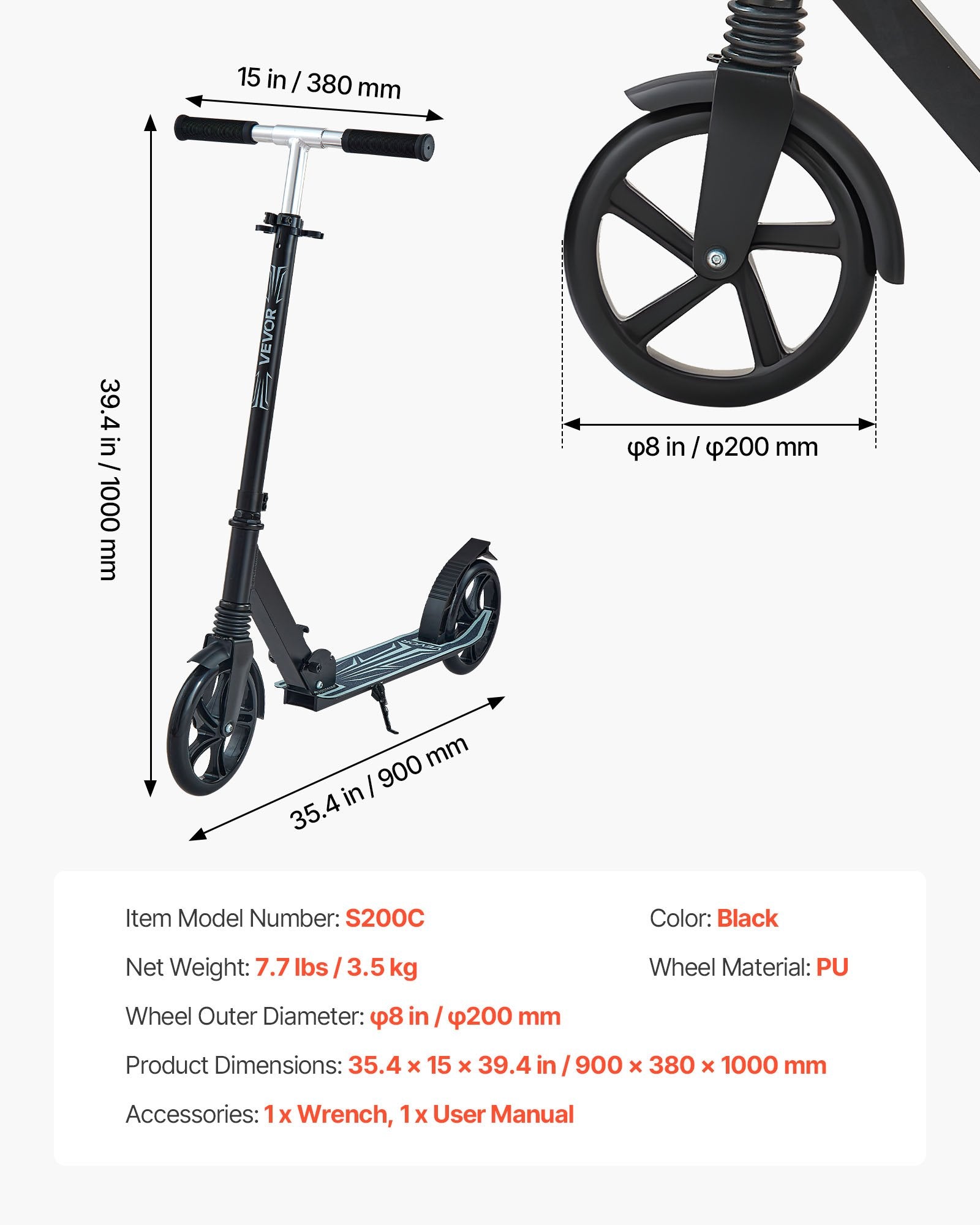 Paspirtukas VEVOR S200C, apkrova iki 99,8 kg