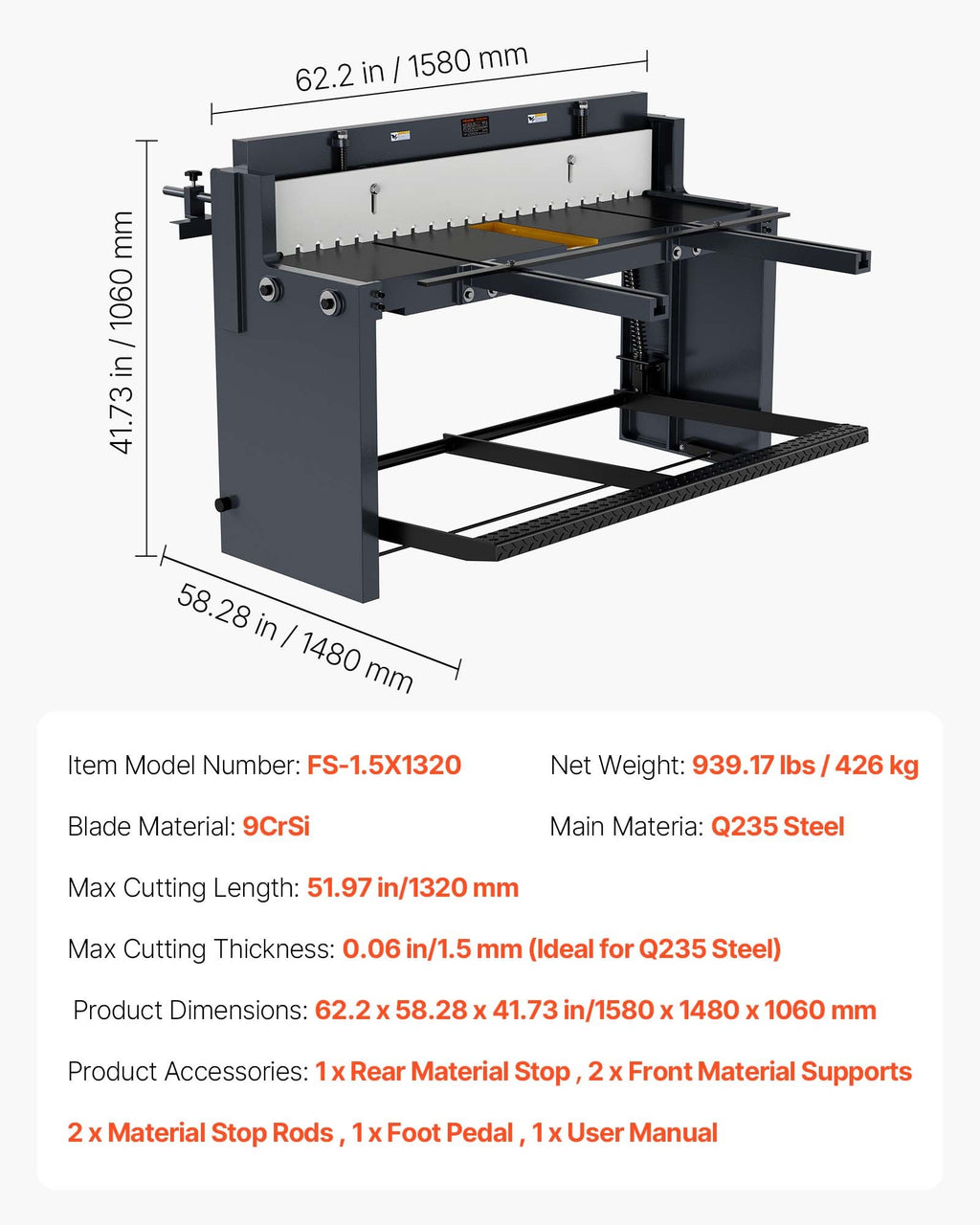 Kojinės skardos žirklės VEVOR FS-1.5X1320, 1320 mm plotis