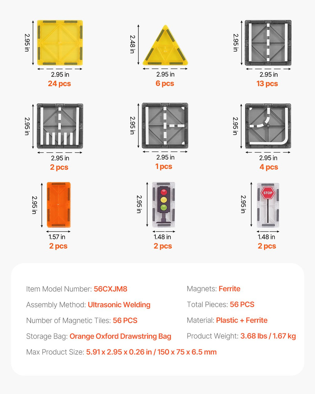 Magnetinės kaladėlės VEVOR 56CXJM8, 56 dalių rinkinys