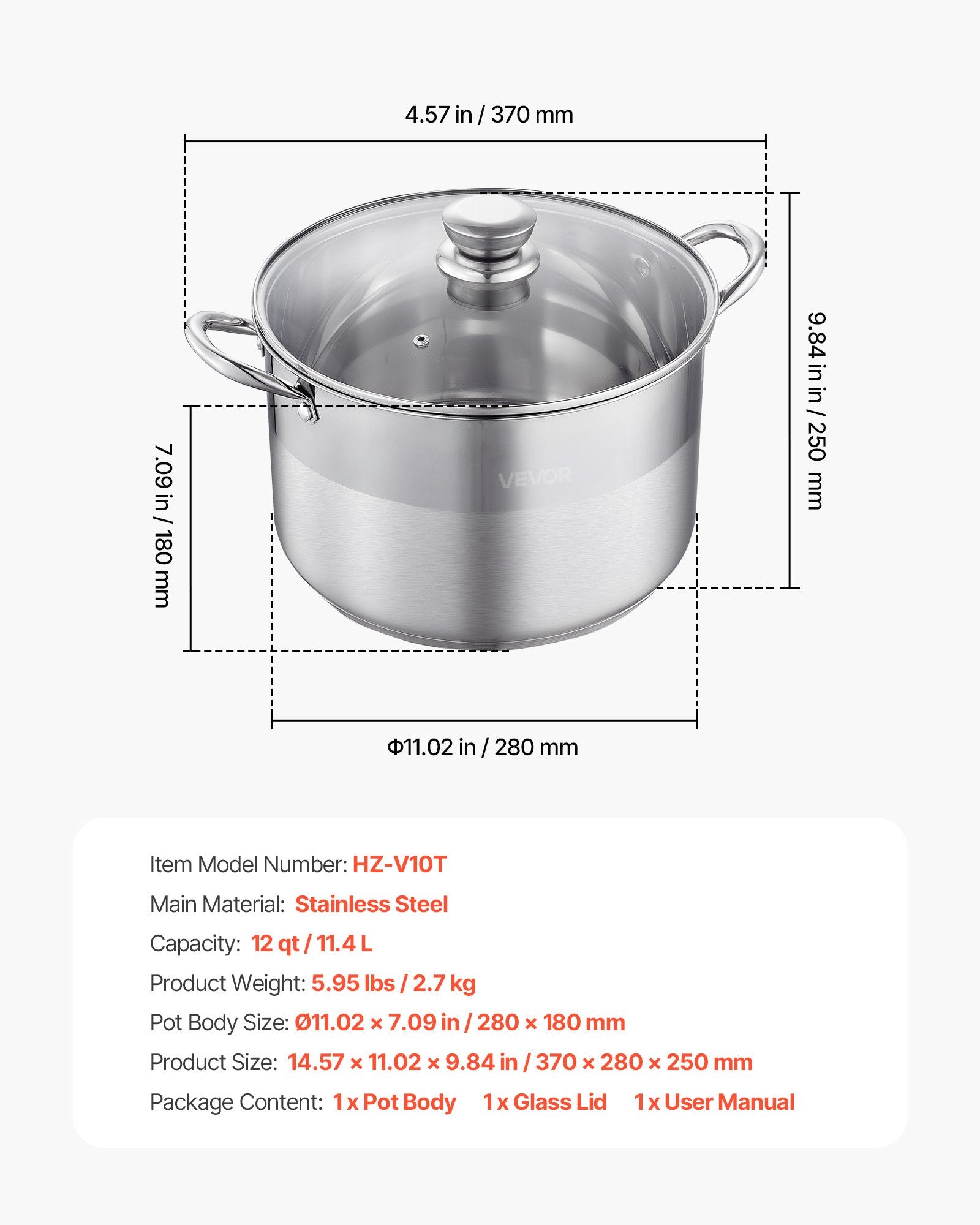 Nerūdijančio plieno puodas VEVOR HZ-V10T, 11,4 l