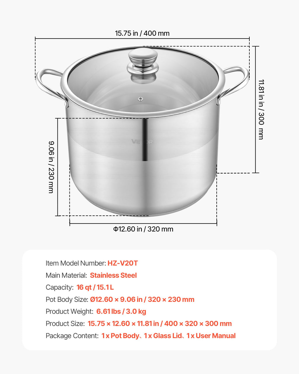 Plieninis puodas VEVOR HZ-V20T, 15,1 l