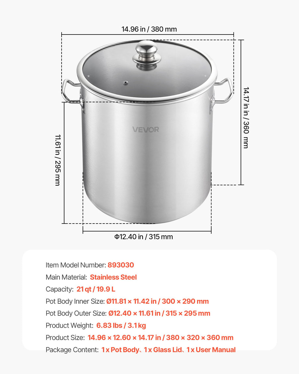 Nerūdijančio plieno puodas VEVOR 893030, 19,9 l