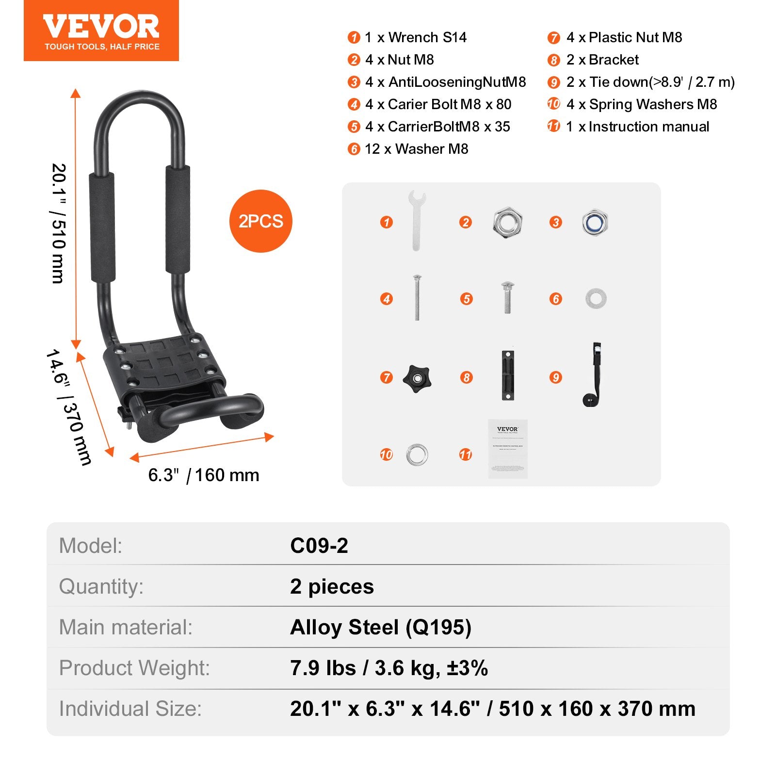 Baidarių laikiklis VEVOR C09-2, 68 kg keliamoji galia