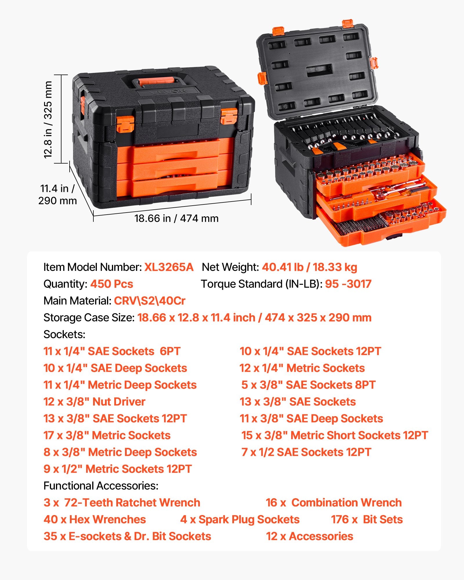 Įrankių rinkinys su galvutėmis VEVOR XL3265A, 450 dalių