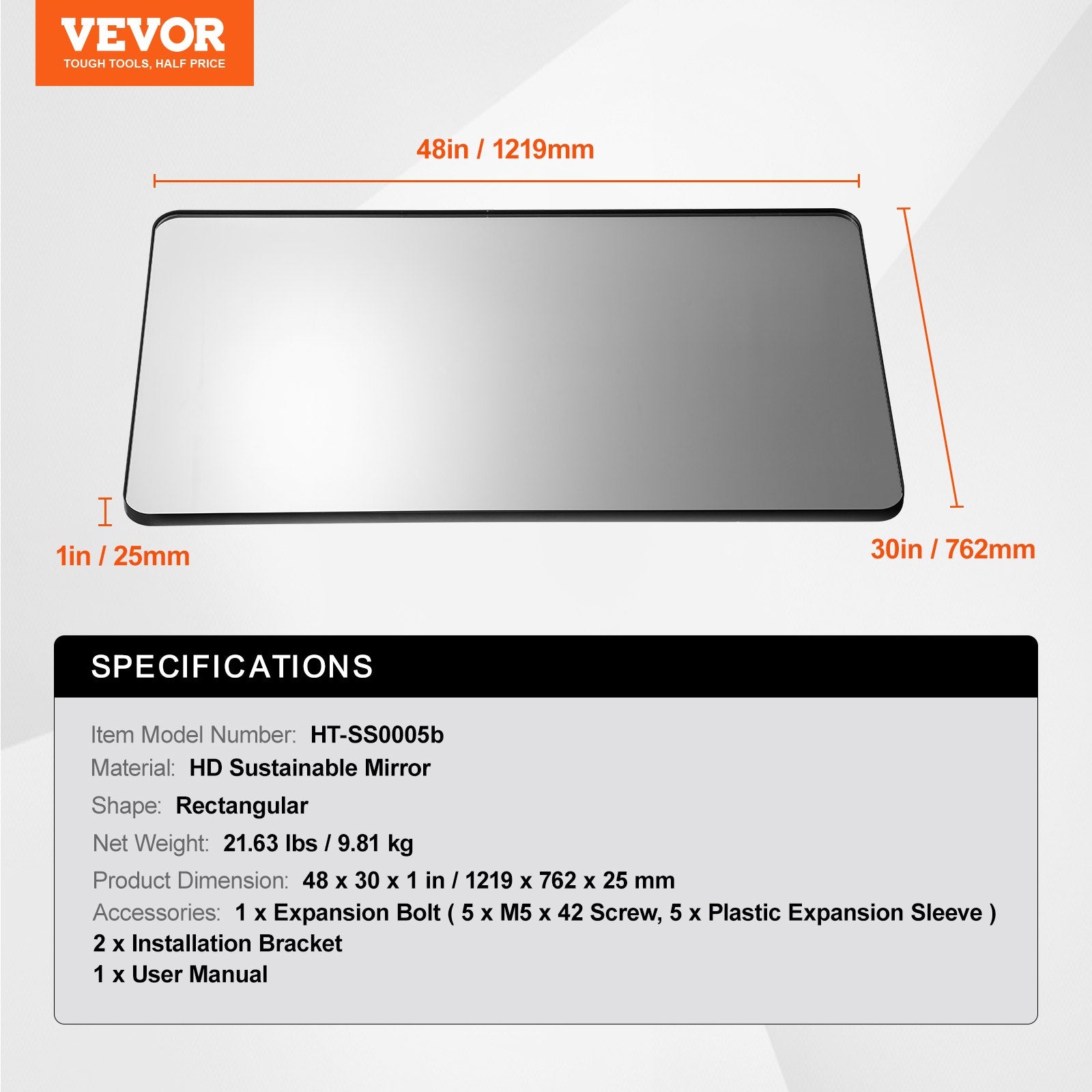 Sieninis veidrodis VEVOR HT-SS0005b, 76 x 122 cm