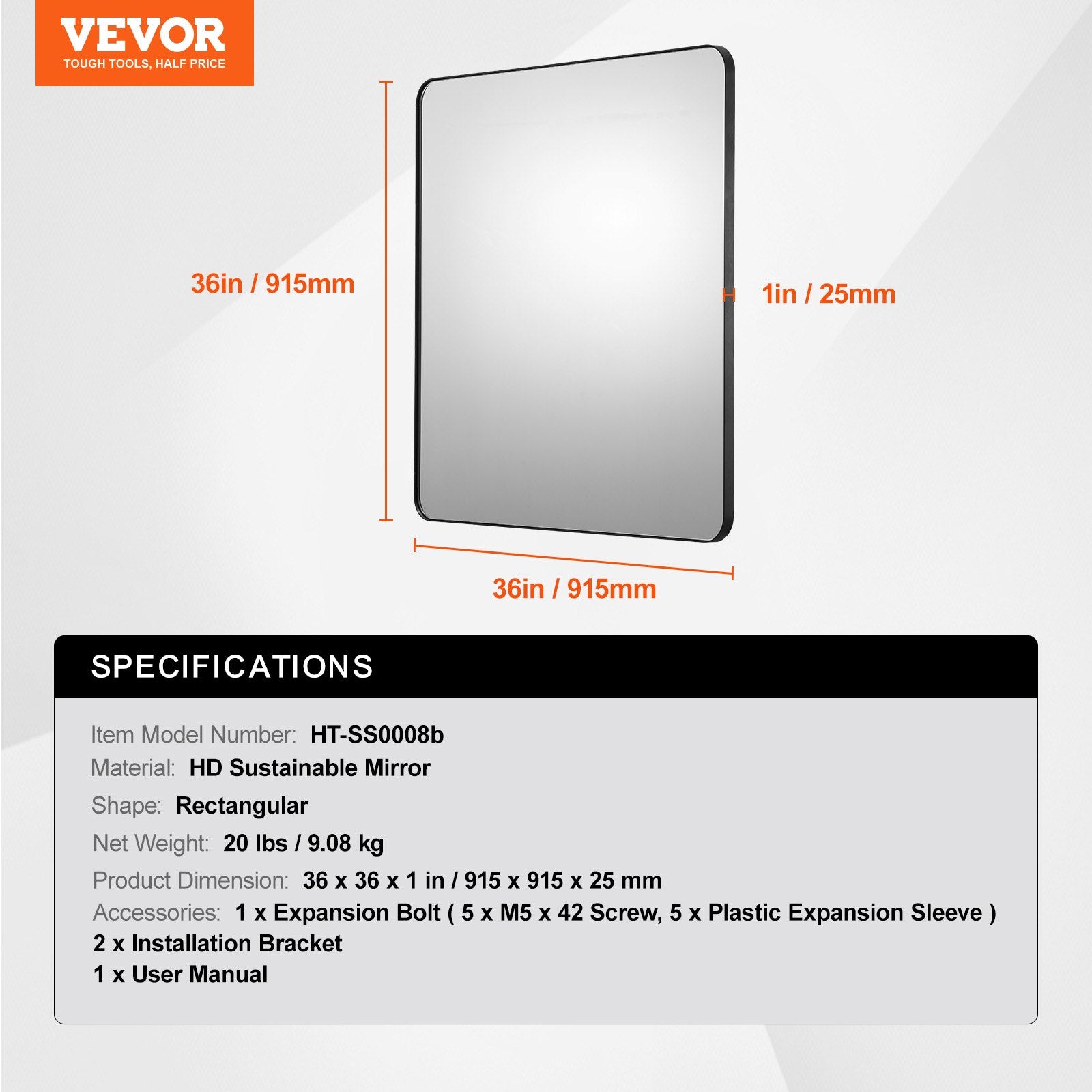 Sieninis makiažo veidrodis VEVOR HT-SS0008b, 91,5 x 91,5 cm