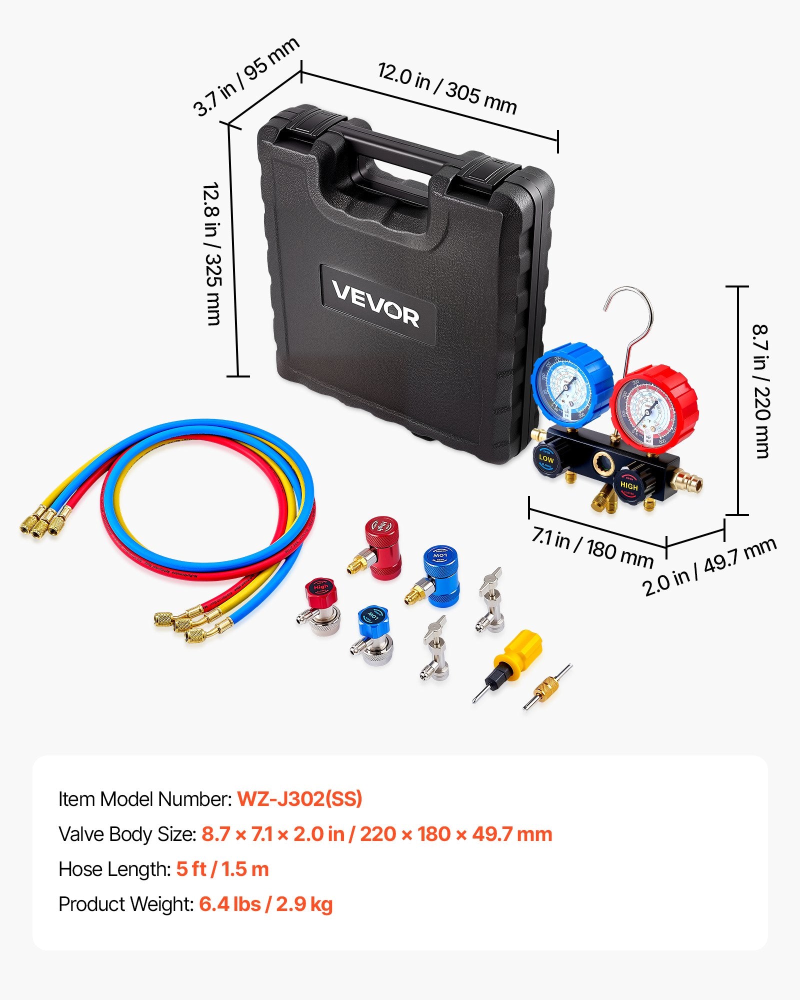 Oro kondicionavimo kolektoriaus matuoklių rinkinys VEVOR WZ-J302(SS), skirtas R134a, R404A, R1234yf ir R22
