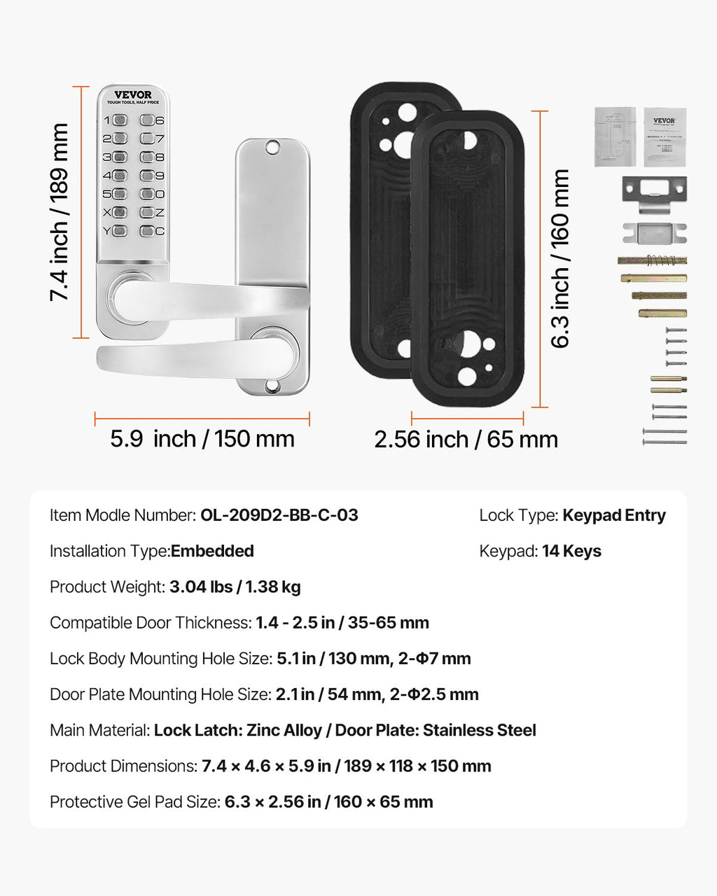 Mechaninė kodinė durų spyna VEVOR OL-209D2-BB-C-03, 14 klavišų