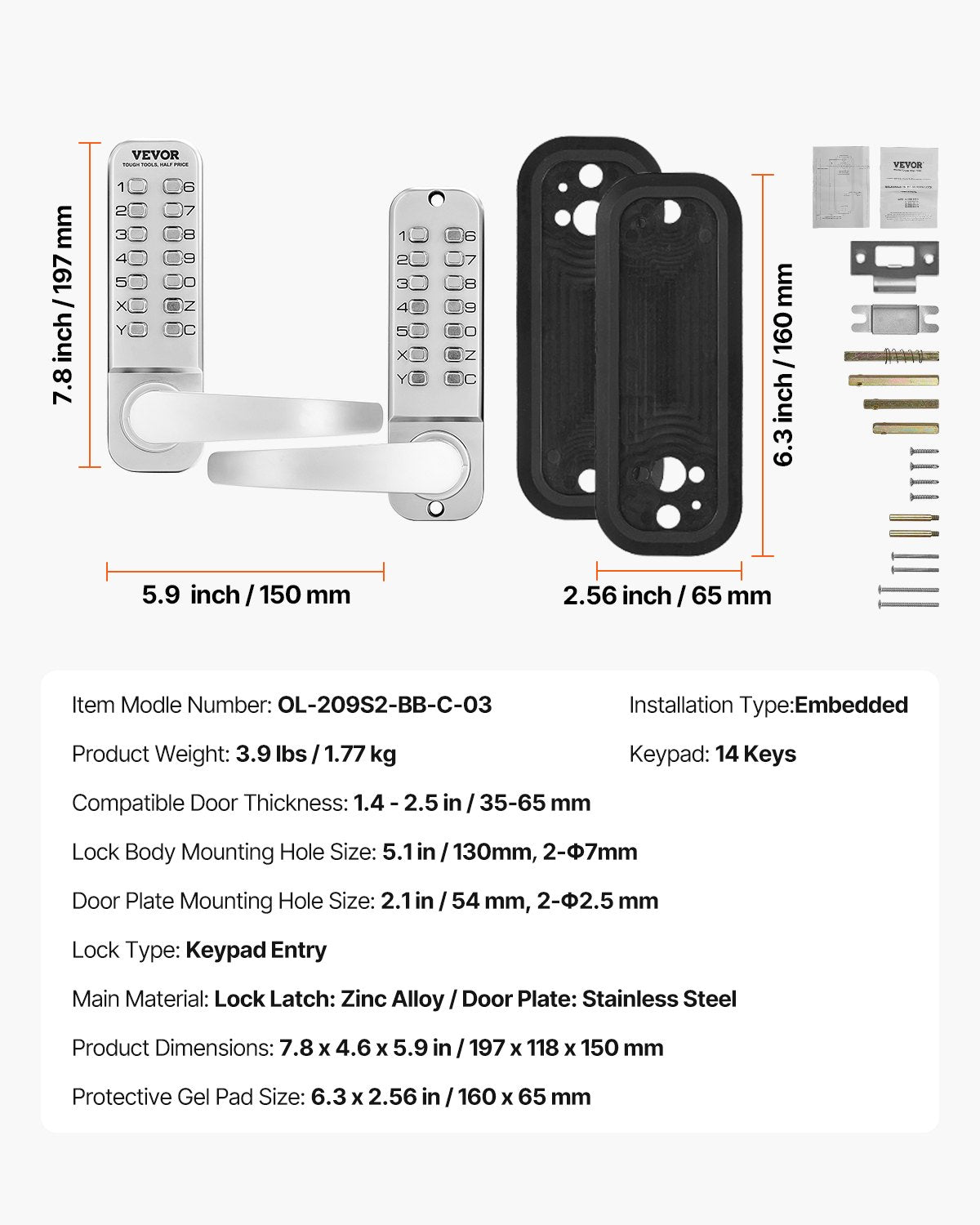 Mechaninė kodinė spyna VEVOR OL-209S2-BB-C-03, nerūdijantis plienas