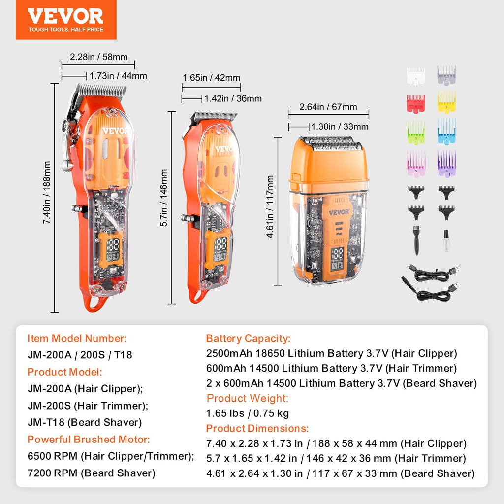 Plaukų kirpimo mašinėlių rinkinys VEVOR JM-200A/200S/T18, 3-in-1