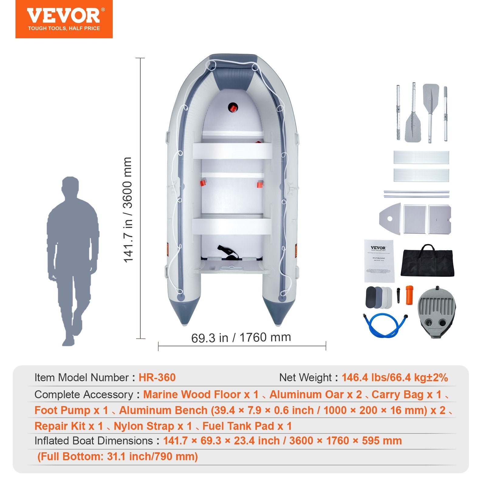 Pripučiama valtis VEVOR HR-360, 6 vietų