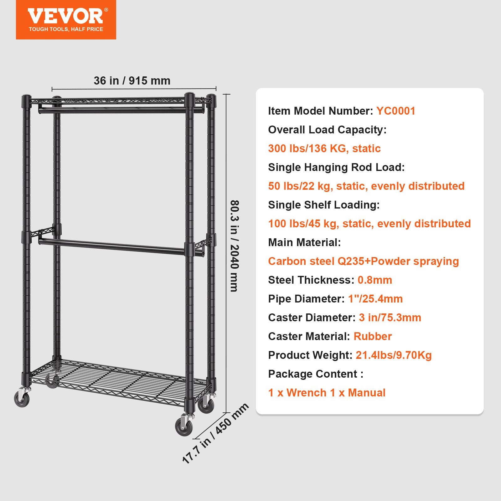 Drabužių kabykla VEVOR YC0001, 136 kg apkrova
