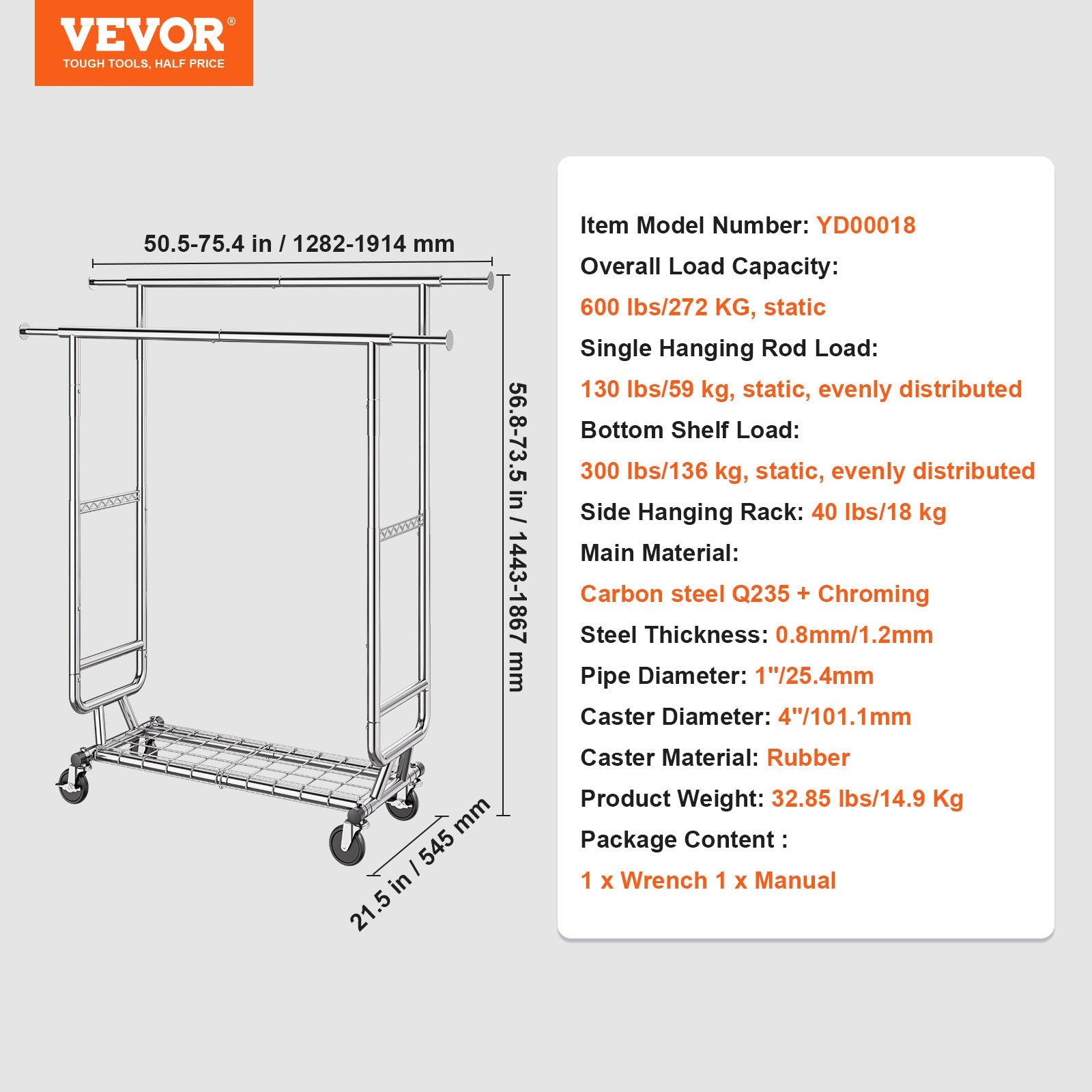 Drabužių kabykla VEVOR YD00018, 272 kg apkrova