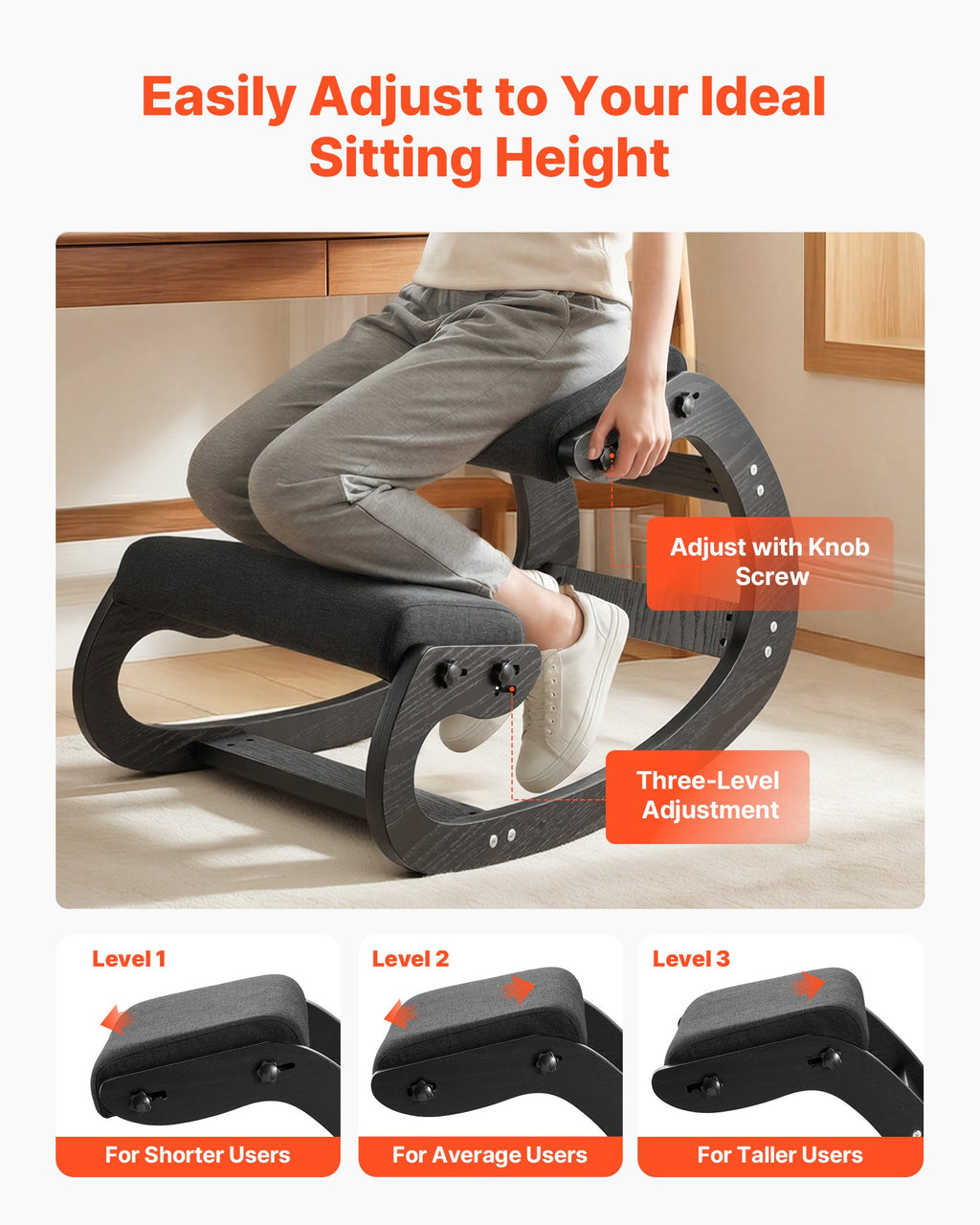 Ergonominė klūpėjimo kėdė VEVOR QDQY-02, reguliuojamas aukštis