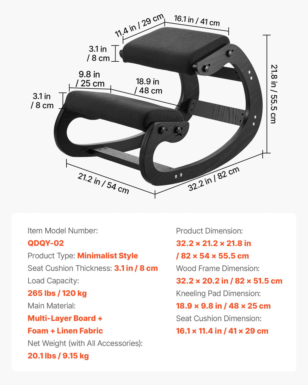 Ergonominė klūpėjimo kėdė VEVOR QDQY-02, reguliuojamas aukštis