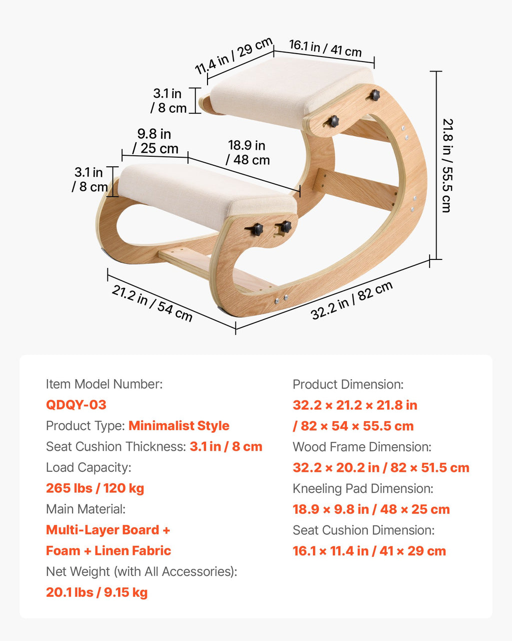 Ergonominė klūpėjimo kėdė VEVOR QDQY-03, 120 kg apkrova