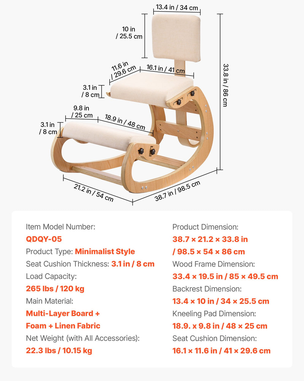 Ergonominė klūpėjimo kėdė VEVOR QDQY-05, su atlošu