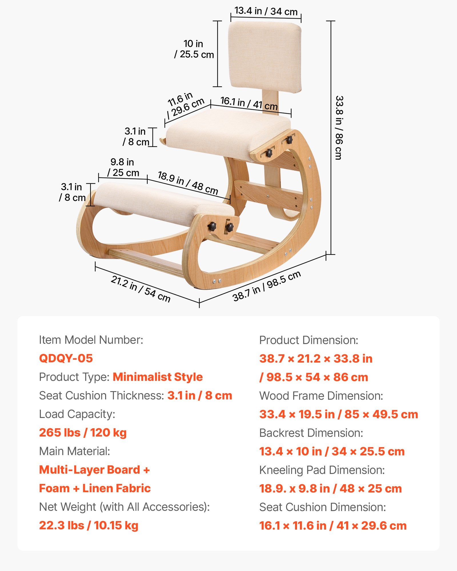 Ergonominė klūpėjimo kėdė VEVOR QDQY-05, su atlošu