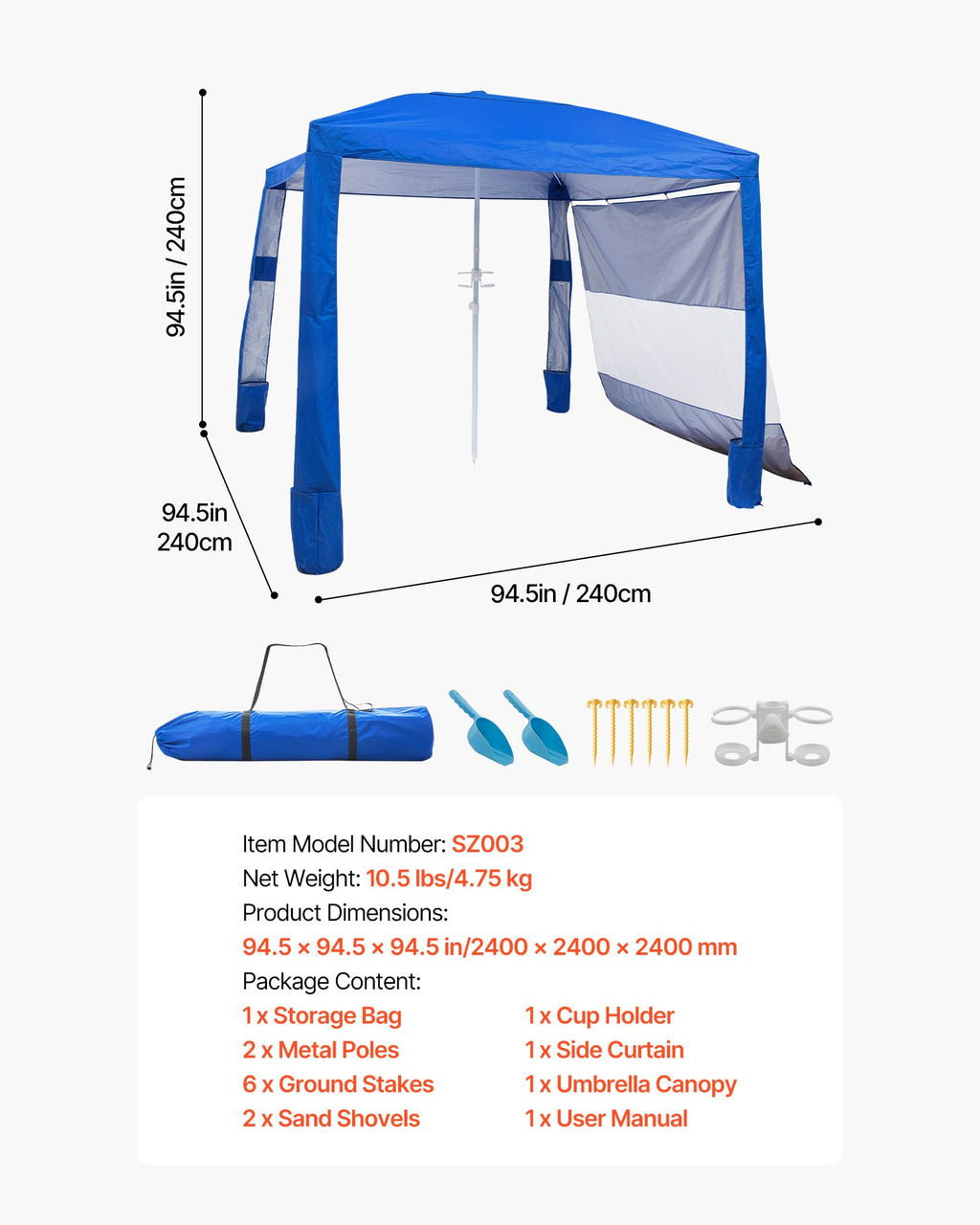 Paplūdimio palapinė-pavėsinė VEVOR SZ003, 2,4 x 2,4 m