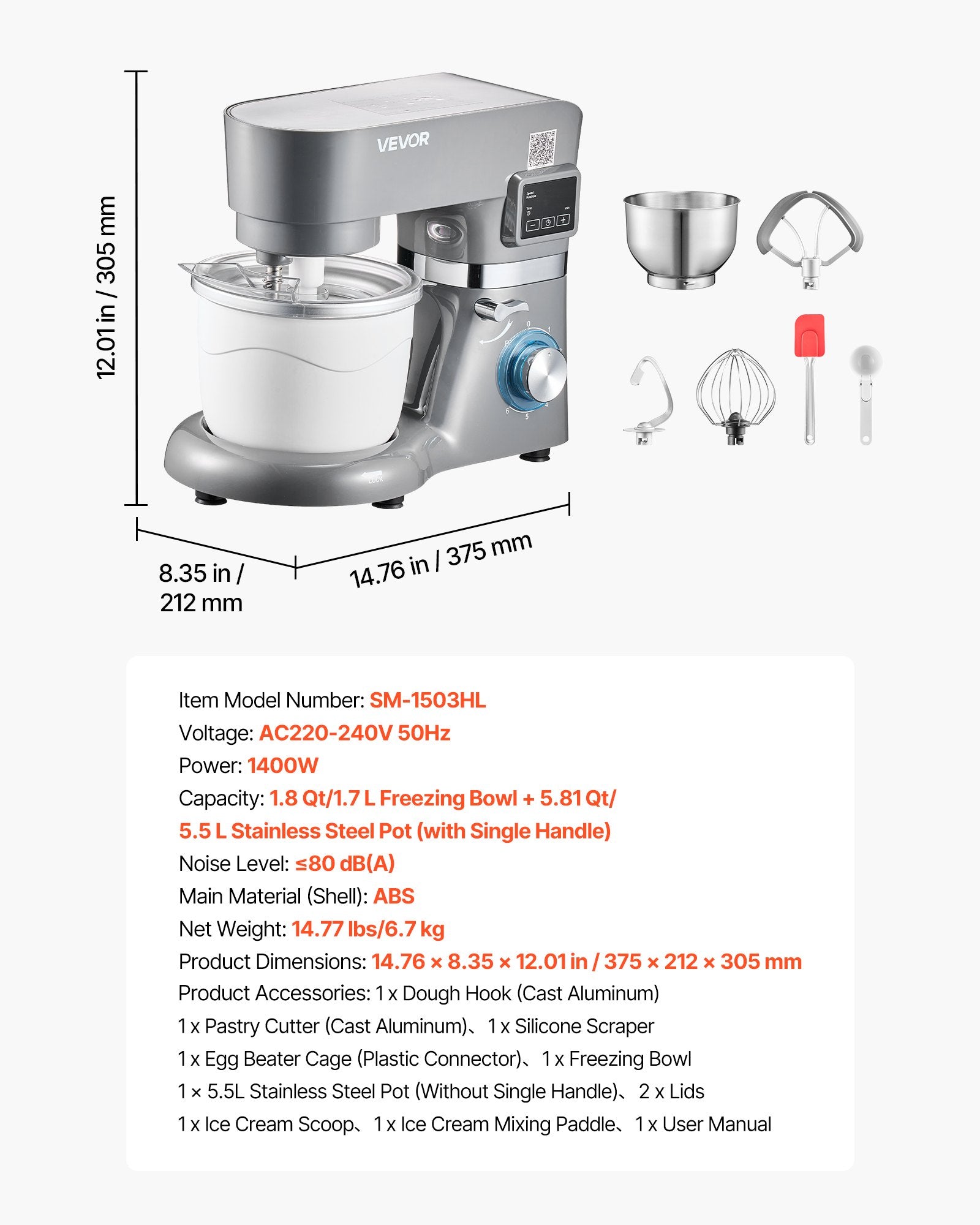 Ledų gaminimo aparatas ir virtuvinis kombainas VEVOR SM-1503HL, 1,7 l