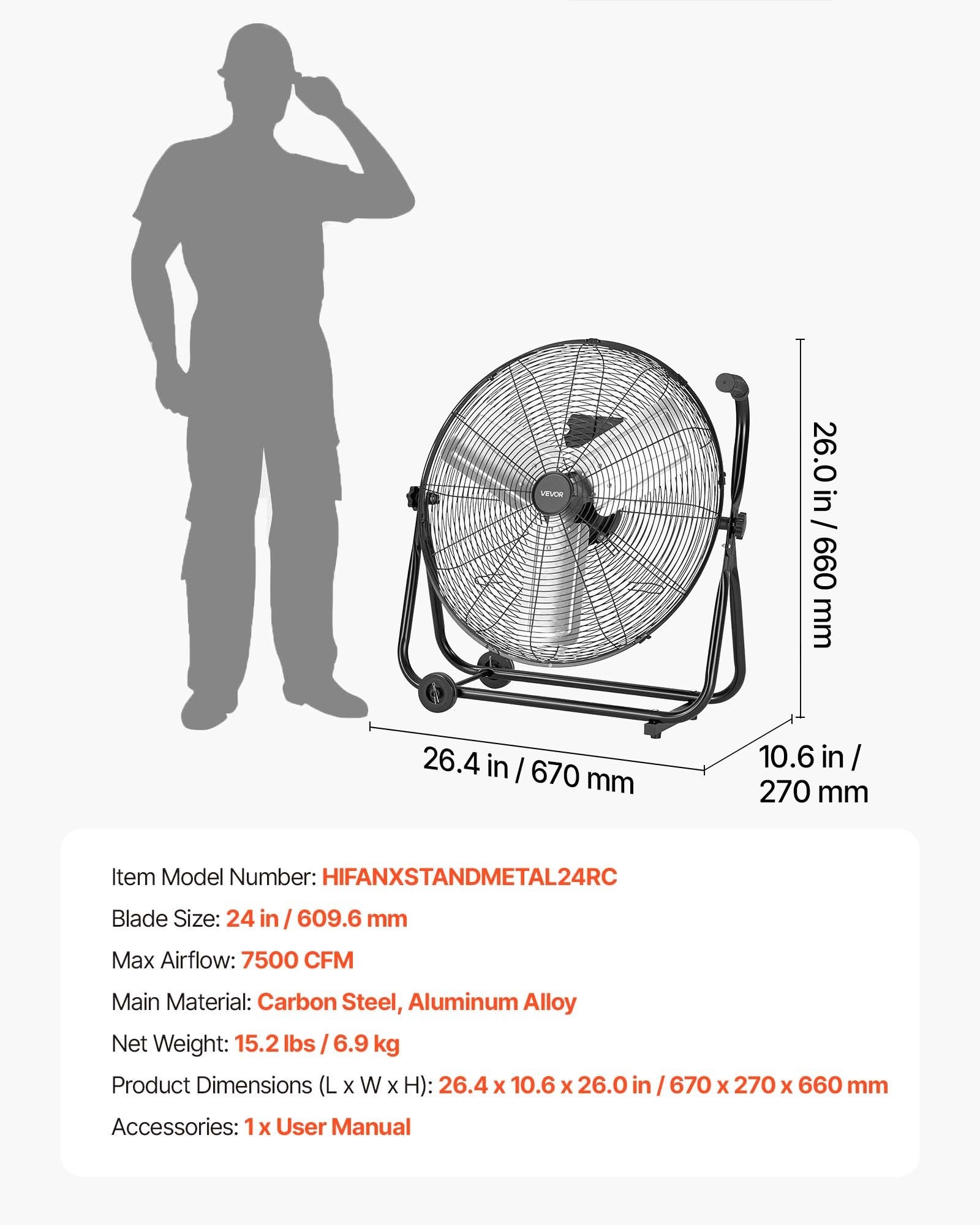 Pramoninis būgninis ventiliatorius VEVOR HIFANXSTANDMETAL24RC, 7500 CFM