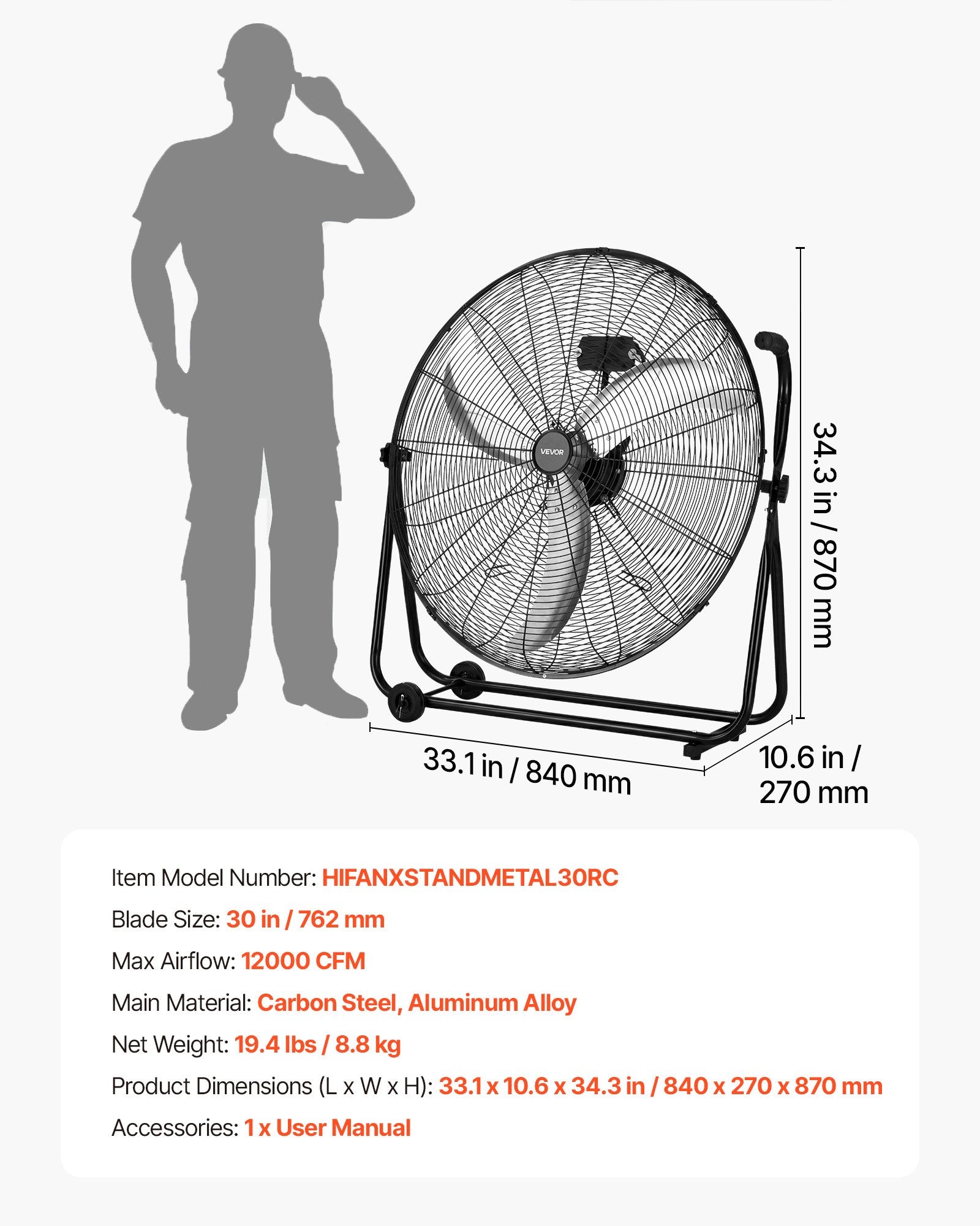 Pramoninis būgninis ventiliatorius VEVOR HIFANXSTANDMETAL30RC, 12000 CFM
