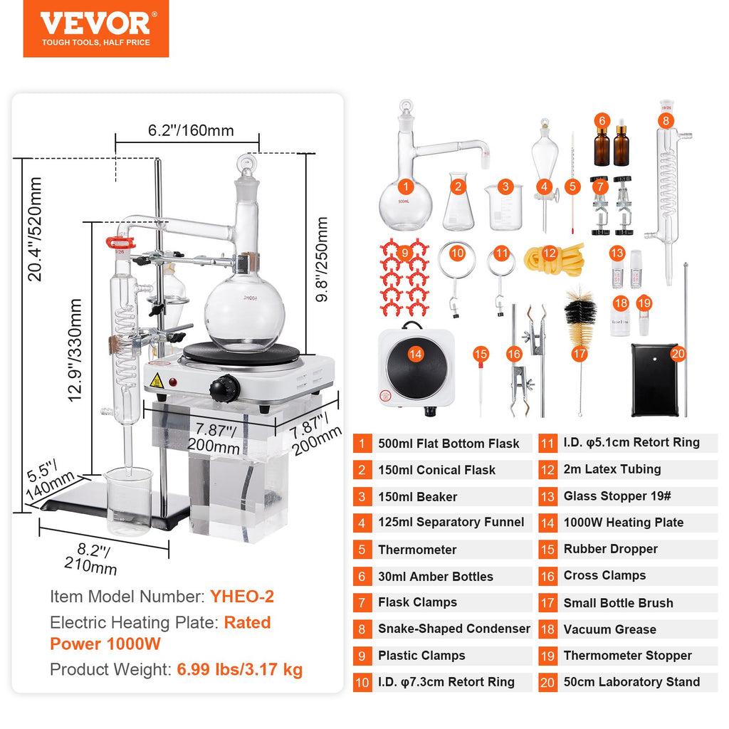 Eterinių aliejų distiliavimo rinkinys VEVOR YHEO-2, 500 ml