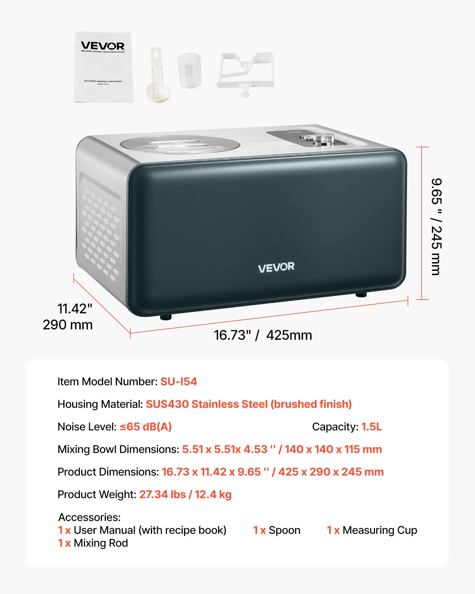 Automatinis ledų gaminimo aparatas VEVOR SU-I54, 1,5 l talpa