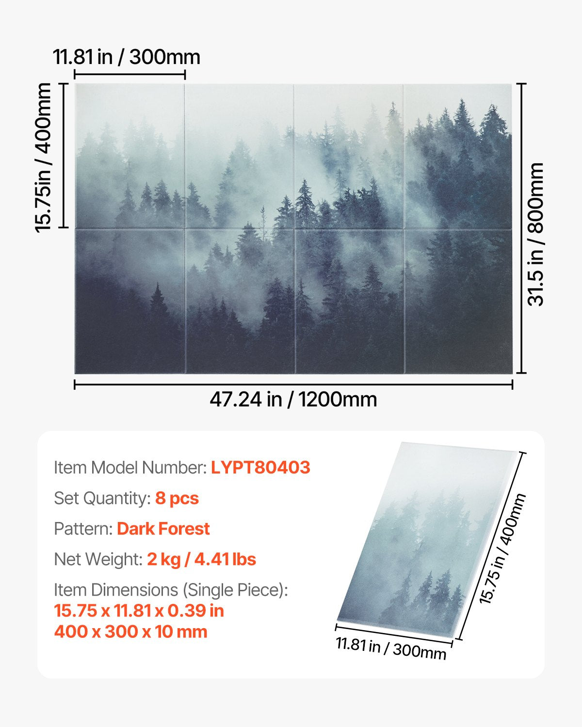 Akustinės sienų plokštės VEVOR LYPT80403, 8 vnt. komplektas
