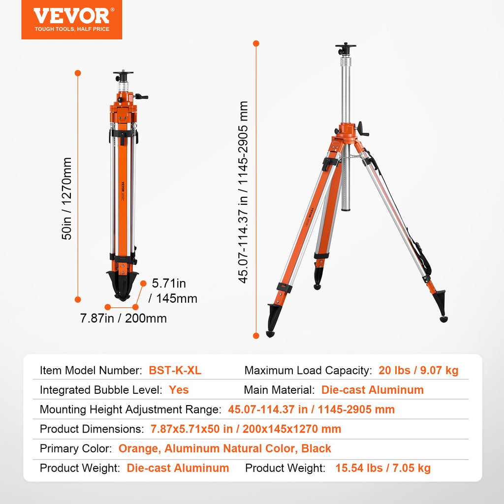 Lazerinio nivelyro stovas VEVOR BST-K-XL, 1145–2905 mm