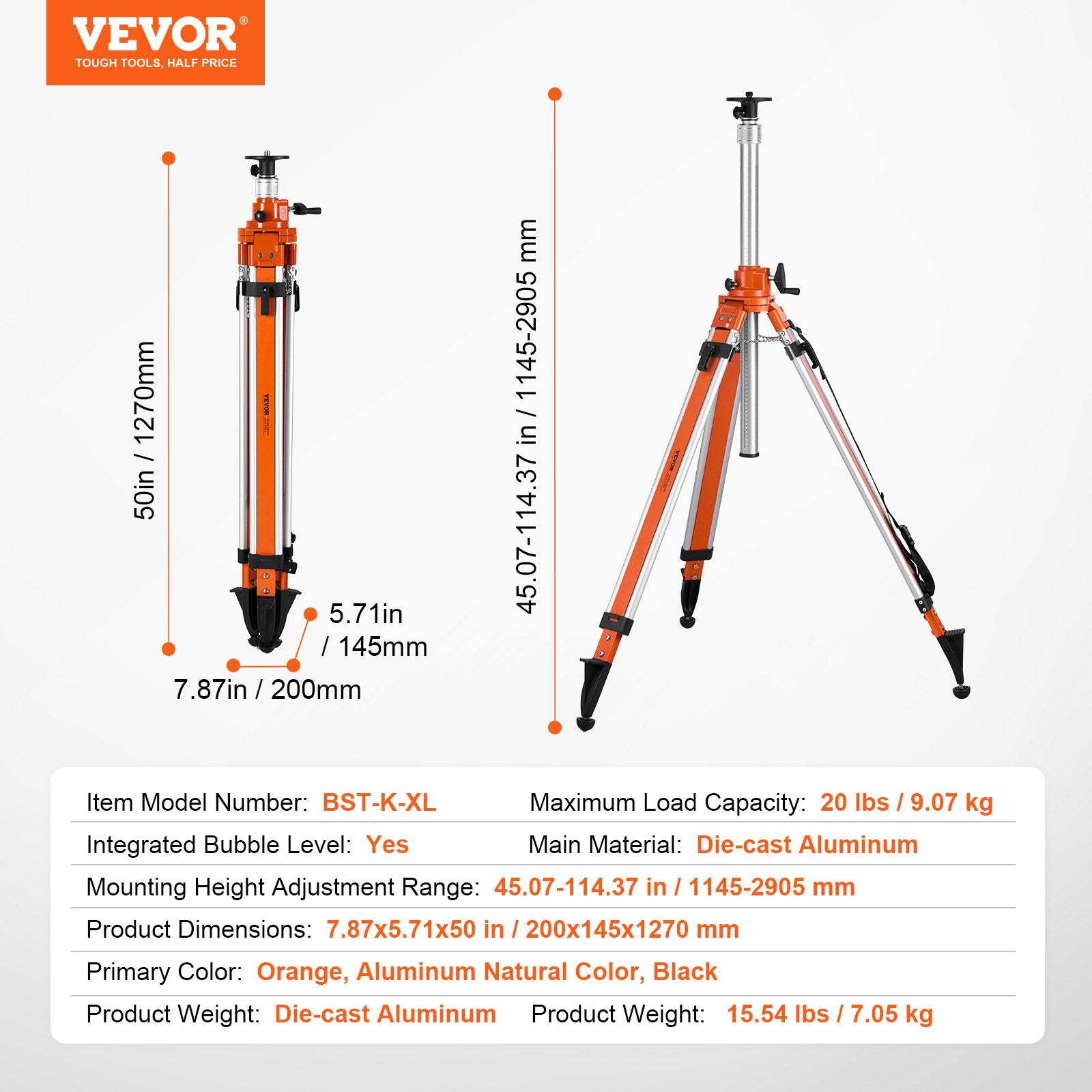 Lazerinio nivelyro stovas VEVOR BST-K-XL, 1145–2905 mm