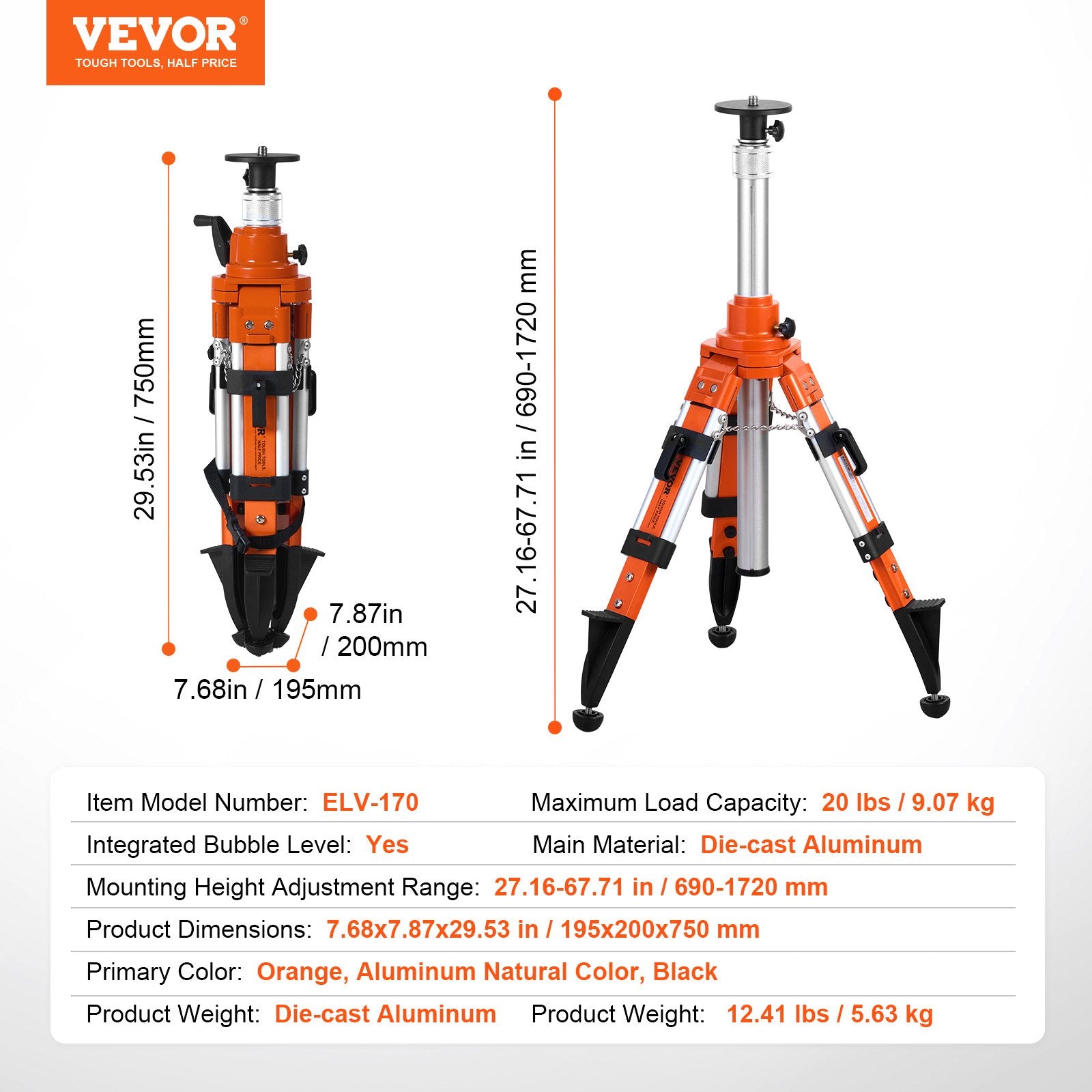 Lazerinio nivelyro stovas VEVOR ELV-170, 69–172 cm aukščio