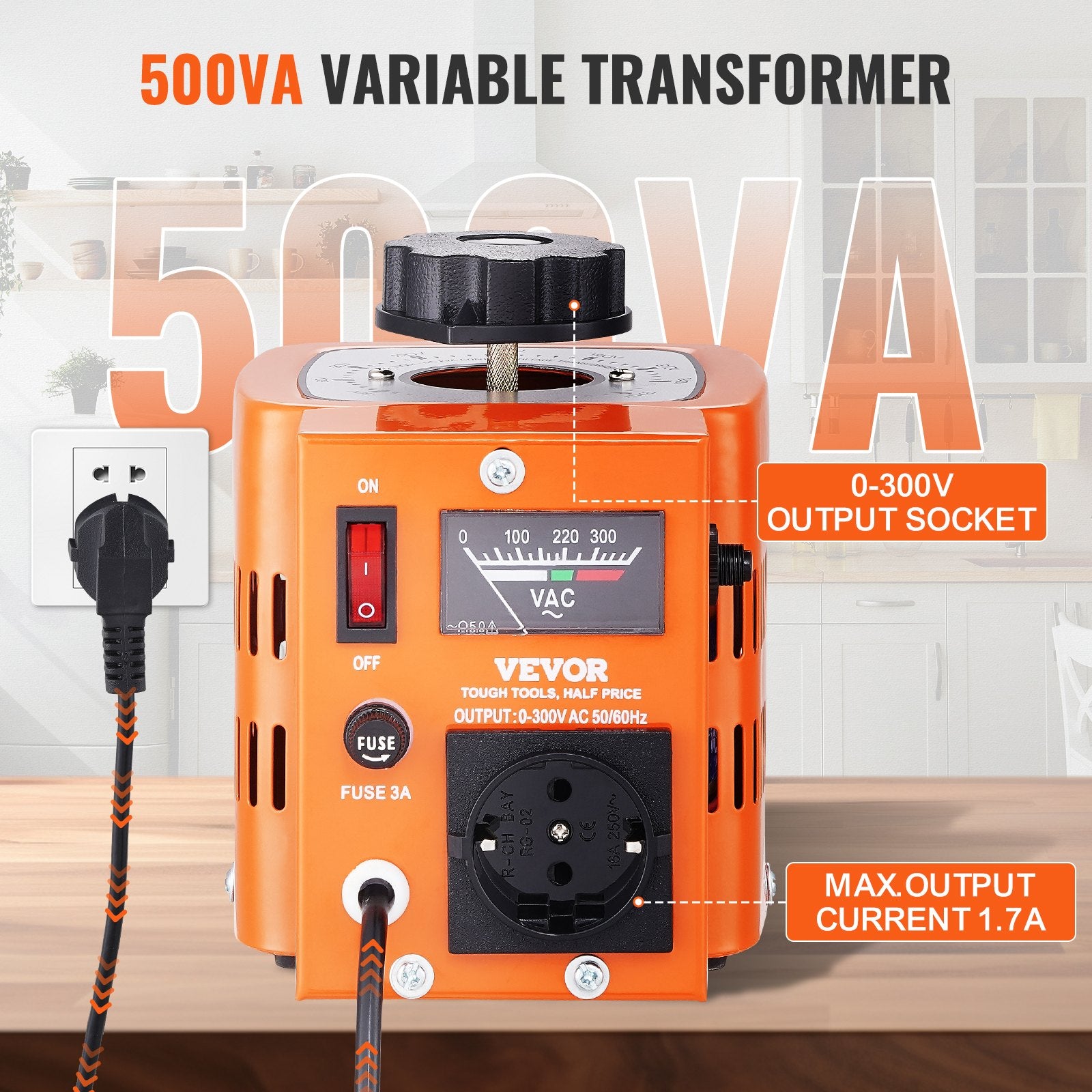 Kintamosios įtampos autotransformatorius VEVOR TDGC2-500VA, 500VA