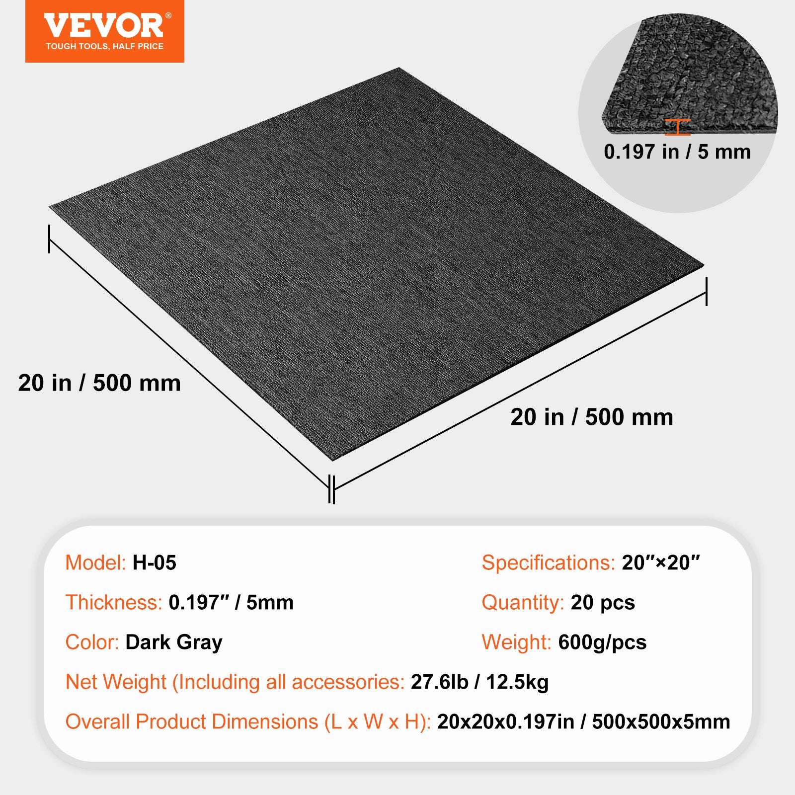 Kiliminės plytelės VEVOR H-05, 50x50 cm, 20 vnt.