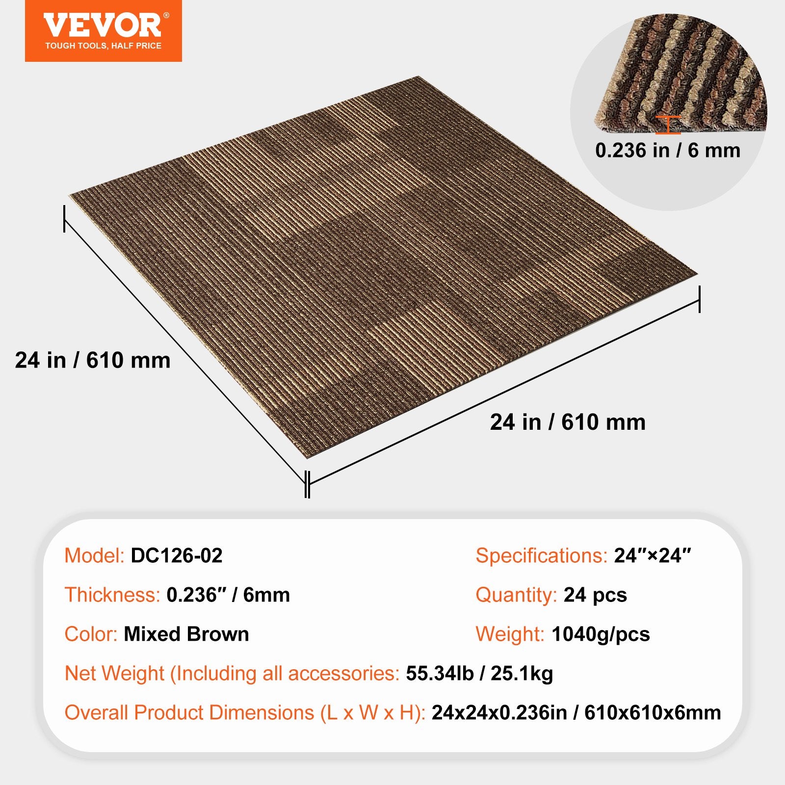 Kiliminės plytelės VEVOR DC126-02, 24 vnt. (9 m²)