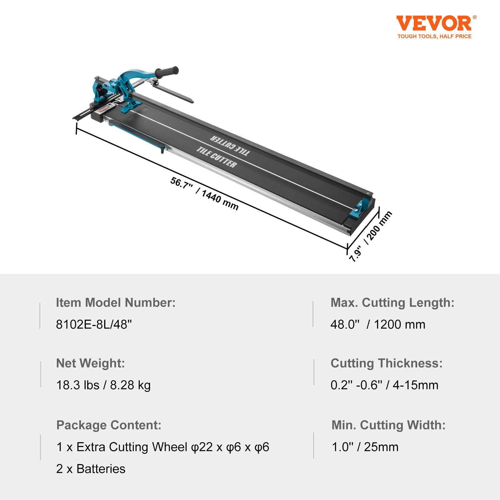 Mechaninės plytelių pjovimo staklės VEVOR 8102E-8L/48", 1200 mm