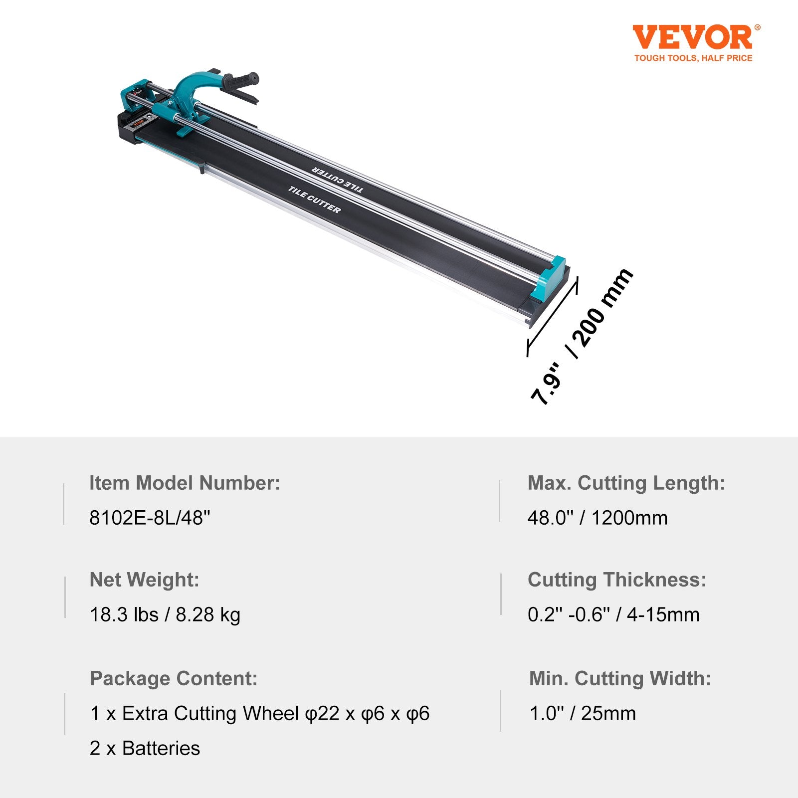 Rankinės plytelių pjovimo staklės VEVOR 8106C-8L/48", 1200 mm