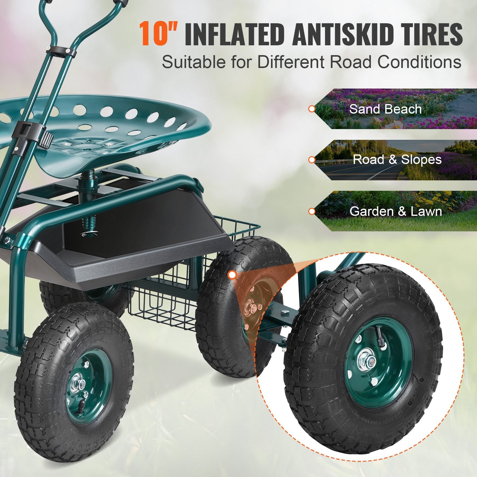 Sodo kėdutė su ratukais VEVOR TC4501S-GN, 136 kg apkrova