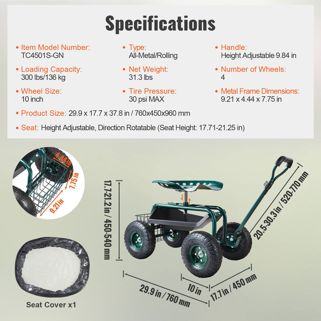 Sodo kėdutė su ratukais VEVOR TC4501S-GN, 136 kg apkrova